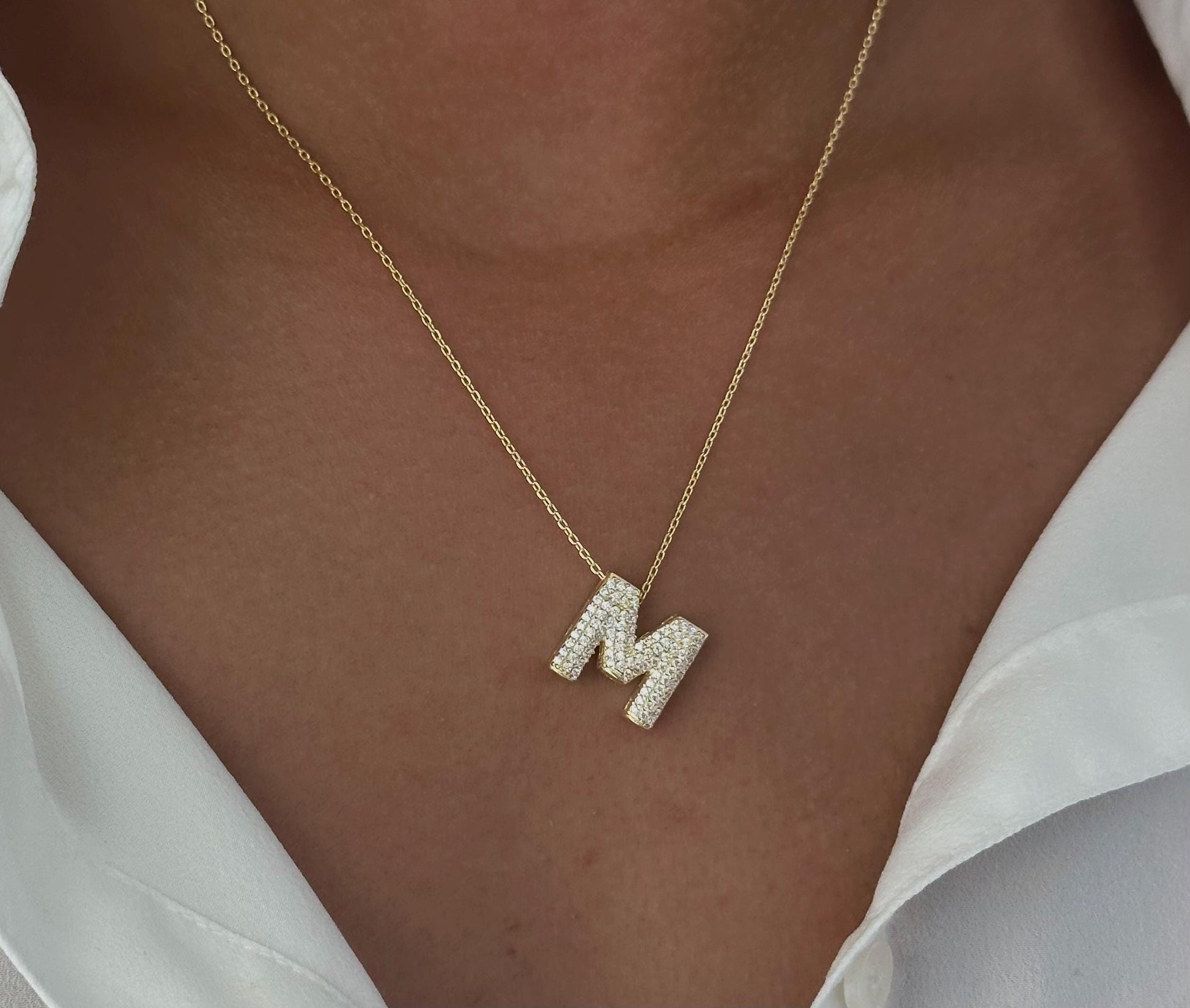 14k Gold Bubble Letter Necklace: Diamond Initial Pendant Personalized Jewelry Gift