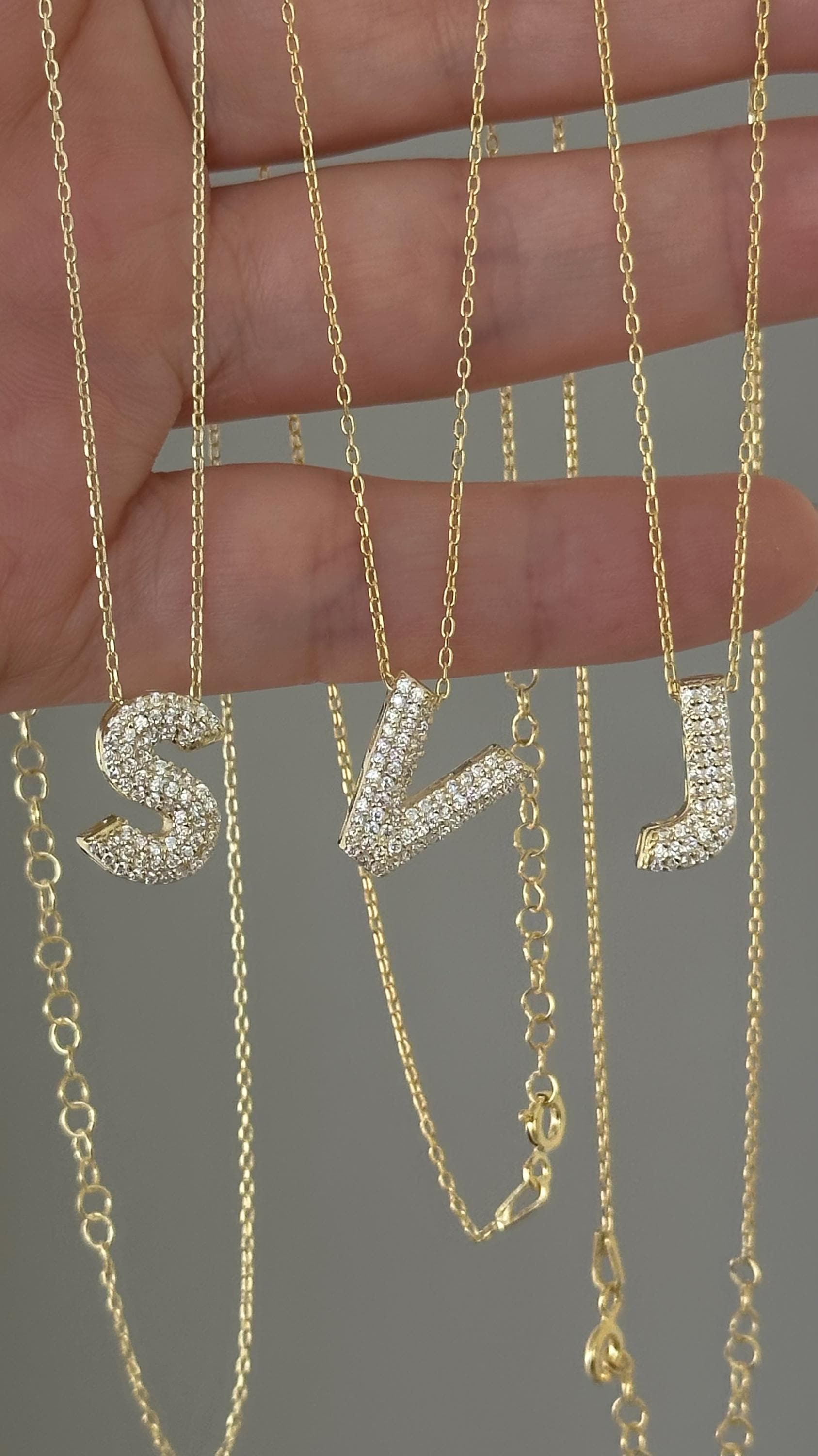 14k Gold Bubble Letter Necklace: Diamond Initial Pendant Personalized Jewelry Gift