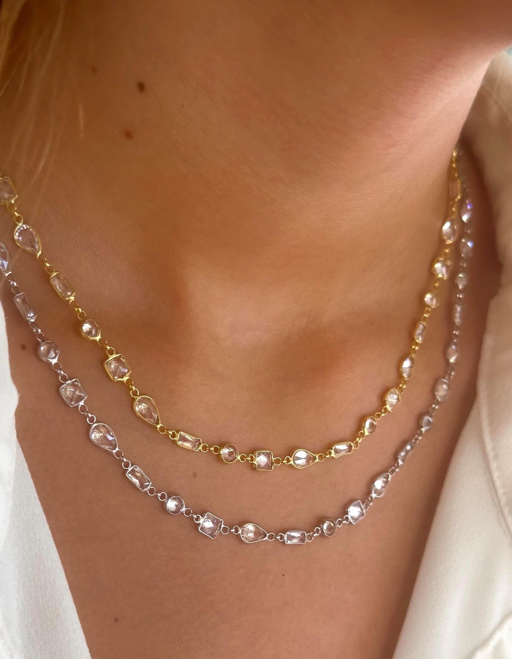 Diamond Chain Necklace, Crystal Necklace 14k Gold, Layering Women Necklaces, CZ Gemstone, Gifts for Women, Gift for Her, 925 Sterling Silver