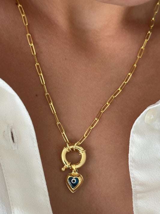 Evil eye heart necklace with 3D luck pendant on gold plated paperclip chain, 925 Sterling Silver 14k Gold Plated Handmade Jewelry