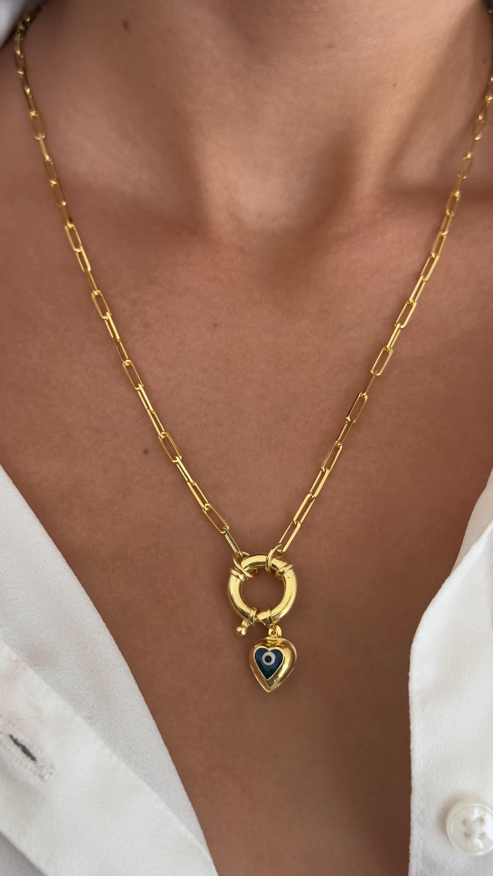 Sterling silver 3D heart evil eye pendant necklace with toggle clasp for charms