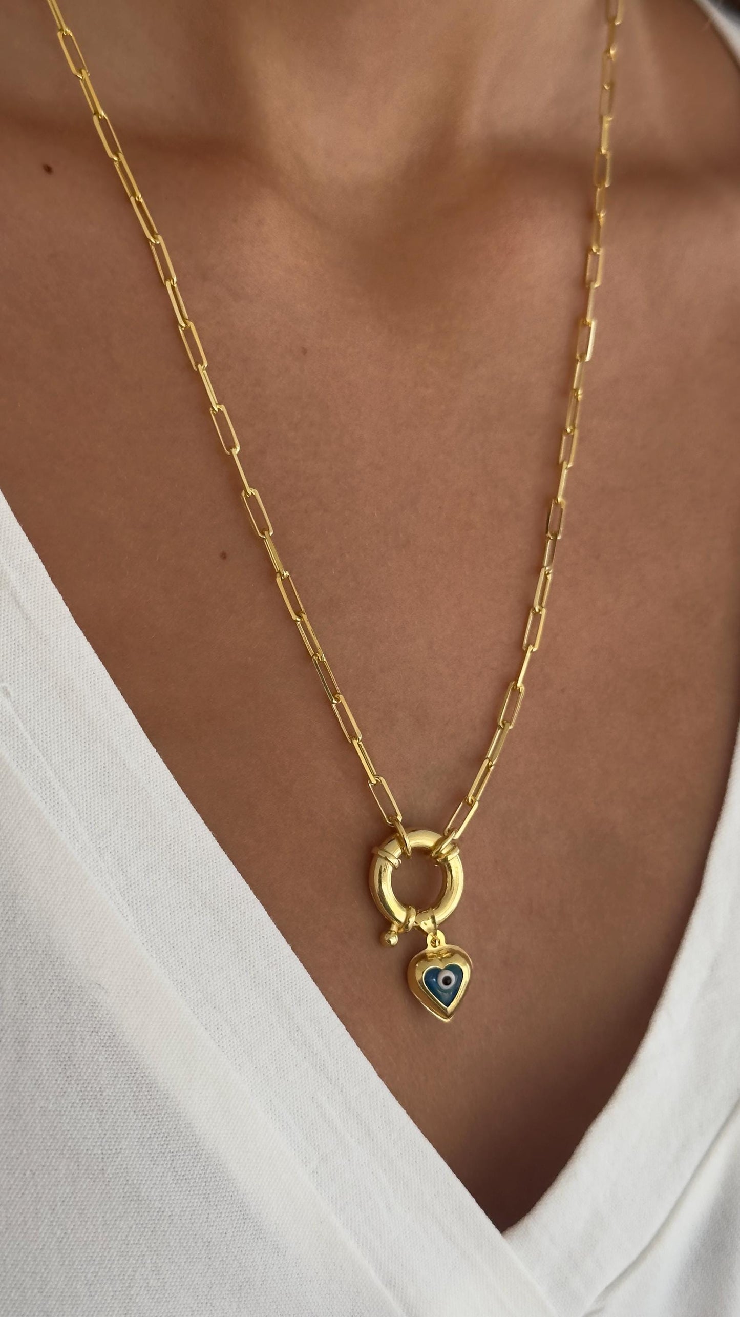 Adjustable long paperclip chain evil eye necklace in 14K gold, rose gold, or rhodium