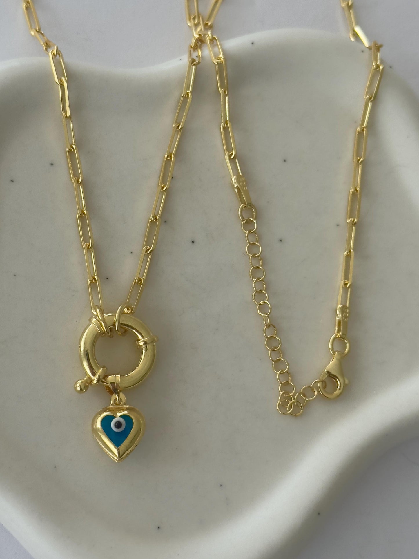 14k Gold Evil Eye Heart Necklace, Sterling Silver Paperclip Chain