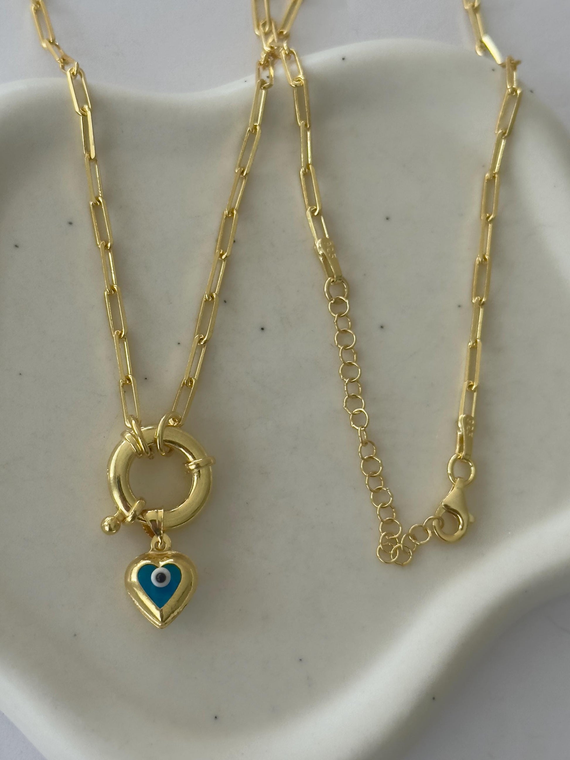 14k Gold Evil Eye Heart Necklace, Sterling Silver Paperclip Chain