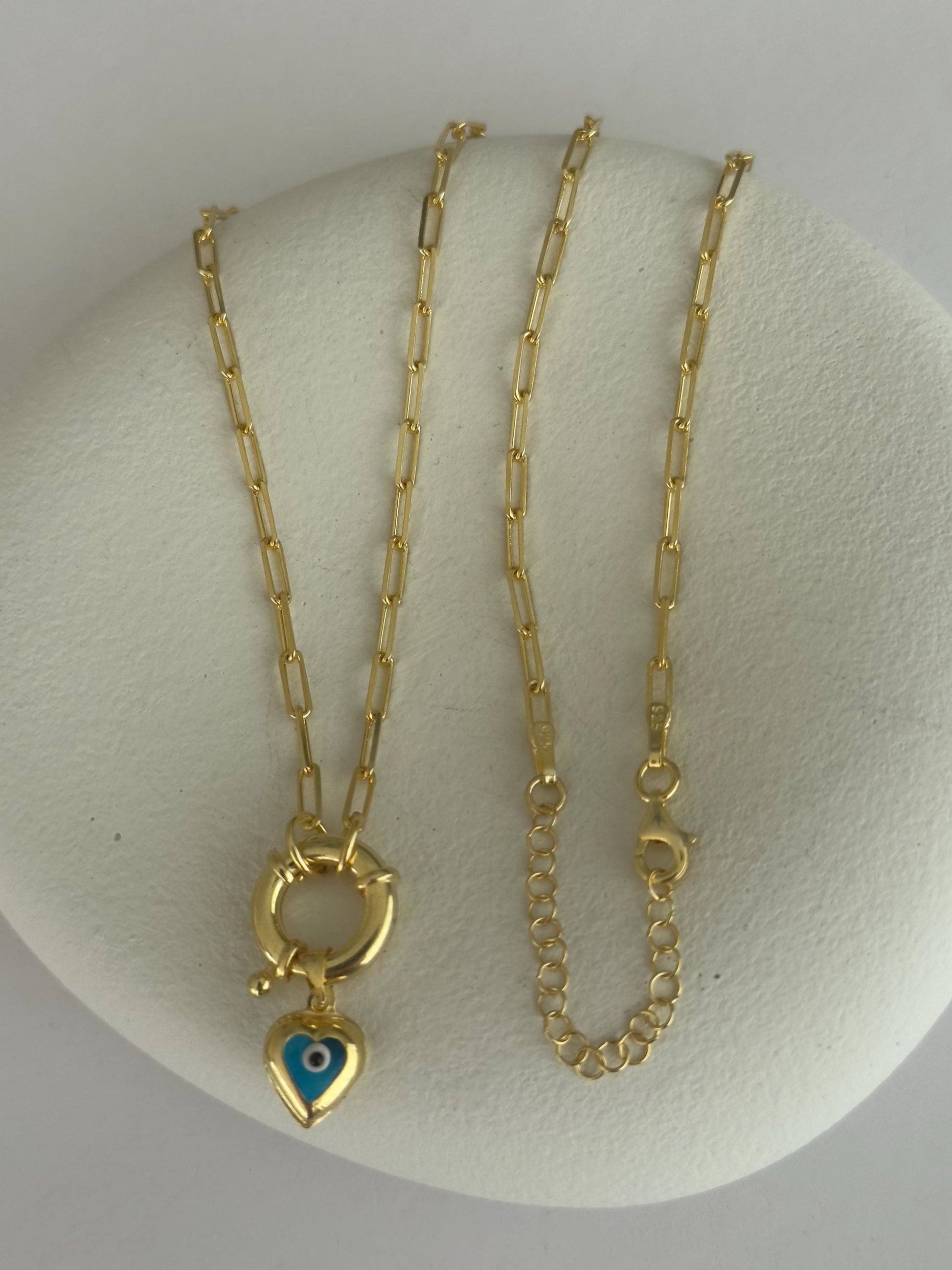 14k Gold Evil Eye Heart Necklace, Sterling Silver Paperclip Chain
