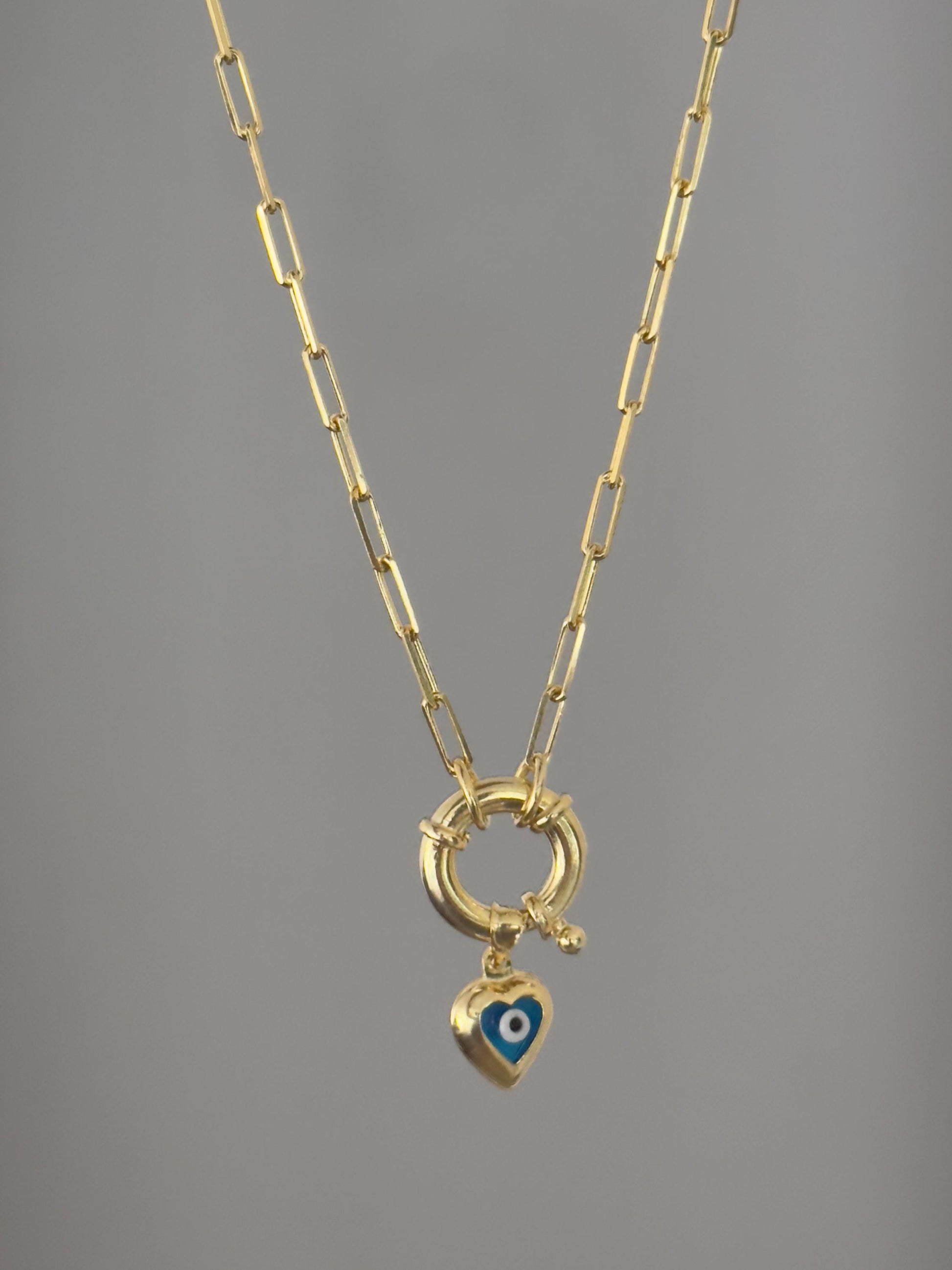 14k Gold Evil Eye Heart Necklace, Sterling Silver Paperclip Chain
