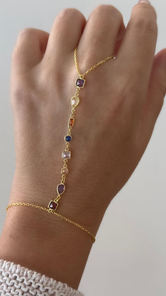 Dainty Multicolor Diamond Hand Chain Bracelet, Gold Hand Chain with Colorful Gemstone, Silver Hand Chain, Crystal Hand Chain, Slave Finger Ring Bracelet, Hand Jewelry