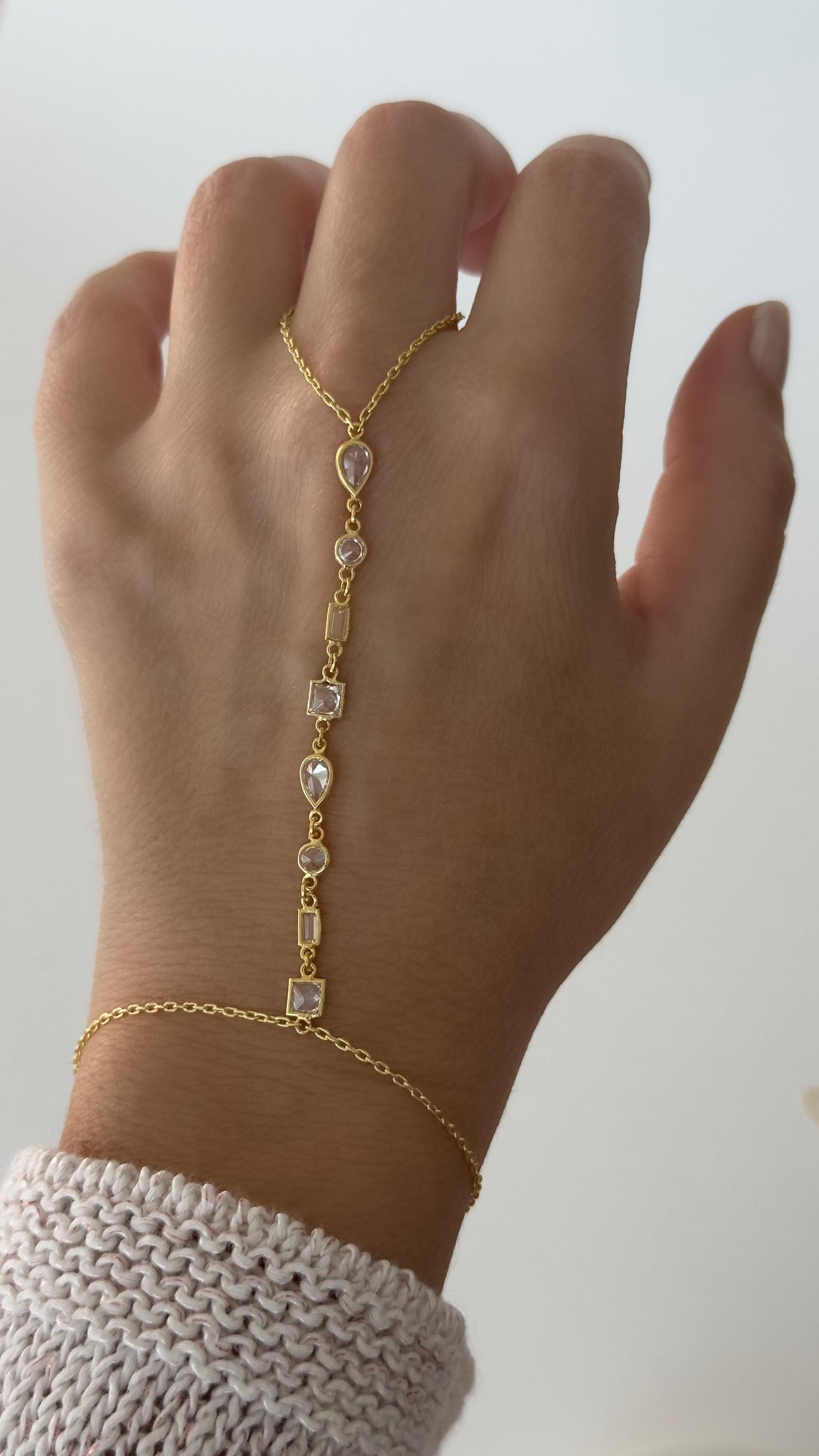 Multicolor Hand Chain Bracelet, Diamond Hand Chain, 14k Gold Silver Rose Plated, Crystal Ring Bracelet, Finger Bracelet,  Gift for Her