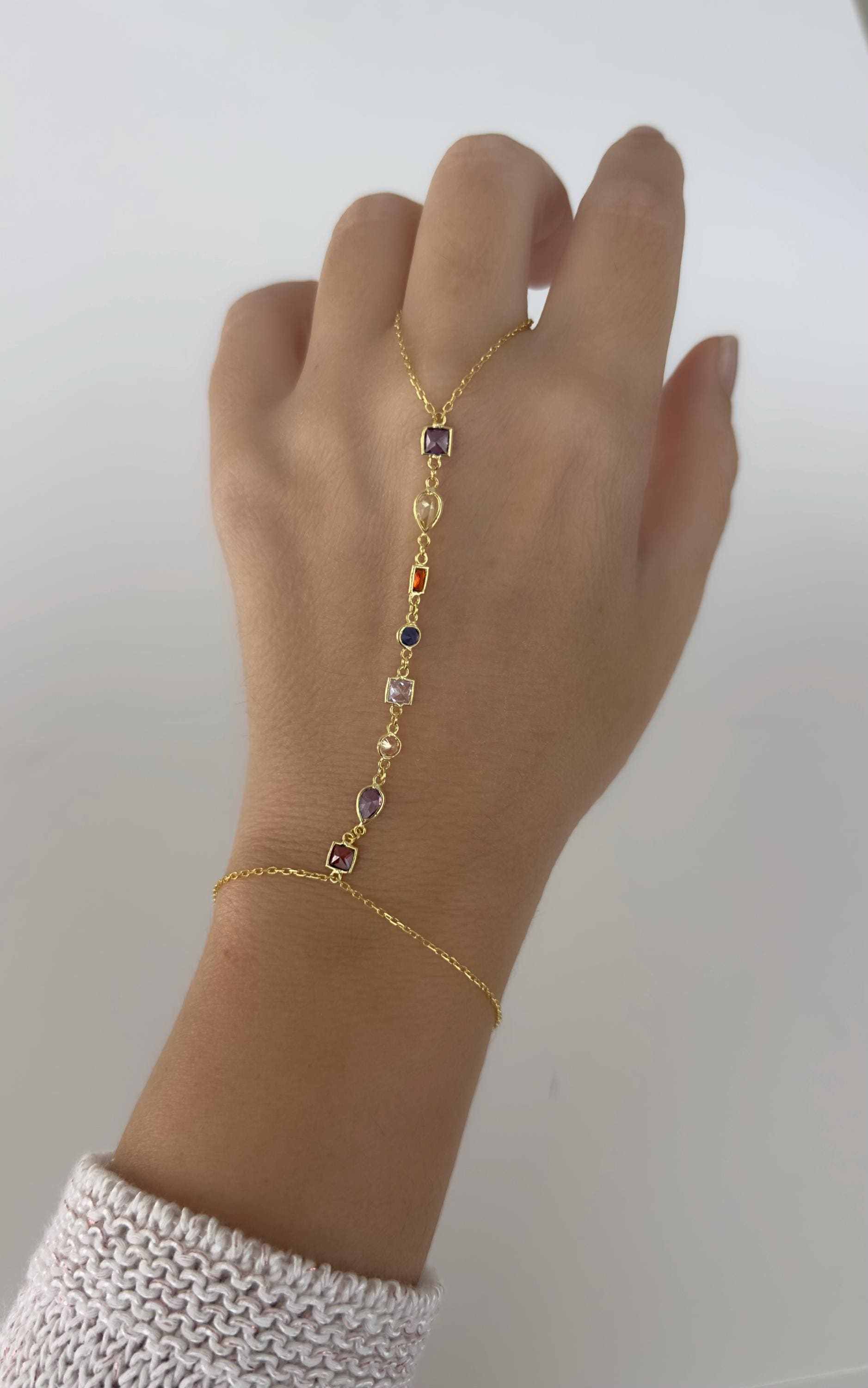 Dainty Multicolor Hand Chain Bracelet, Diamond Hand Chain, 14k Gold Silver Rose Plated, Crystal Ring Bracelet, Finger Bracelet,  Gift for Her, Handmade Jewelry,  Gifts for women, birthday gift, Christmas gift, mom gift, wife gift