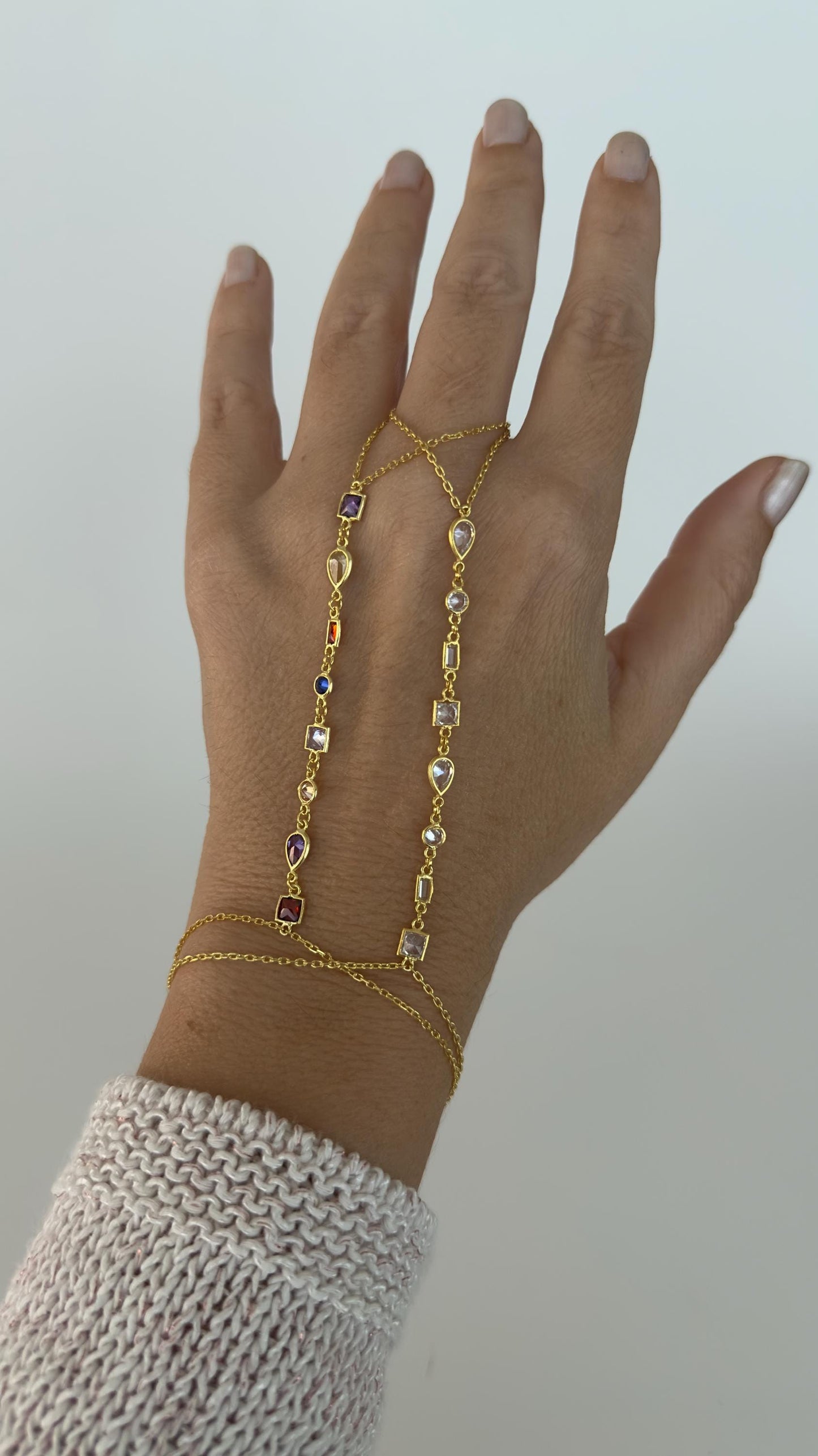 14k Gold Hand Chain Bracelet, Sterling Silver, Gemstone Finger Ring