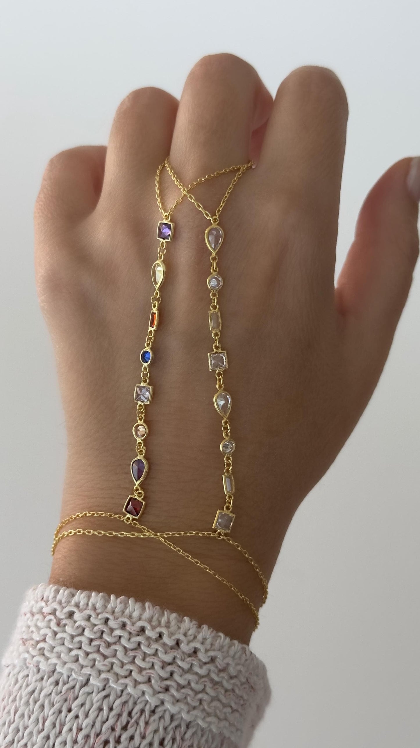 14k Gold Hand Chain Bracelet, Sterling Silver, Gemstone Finger Ring