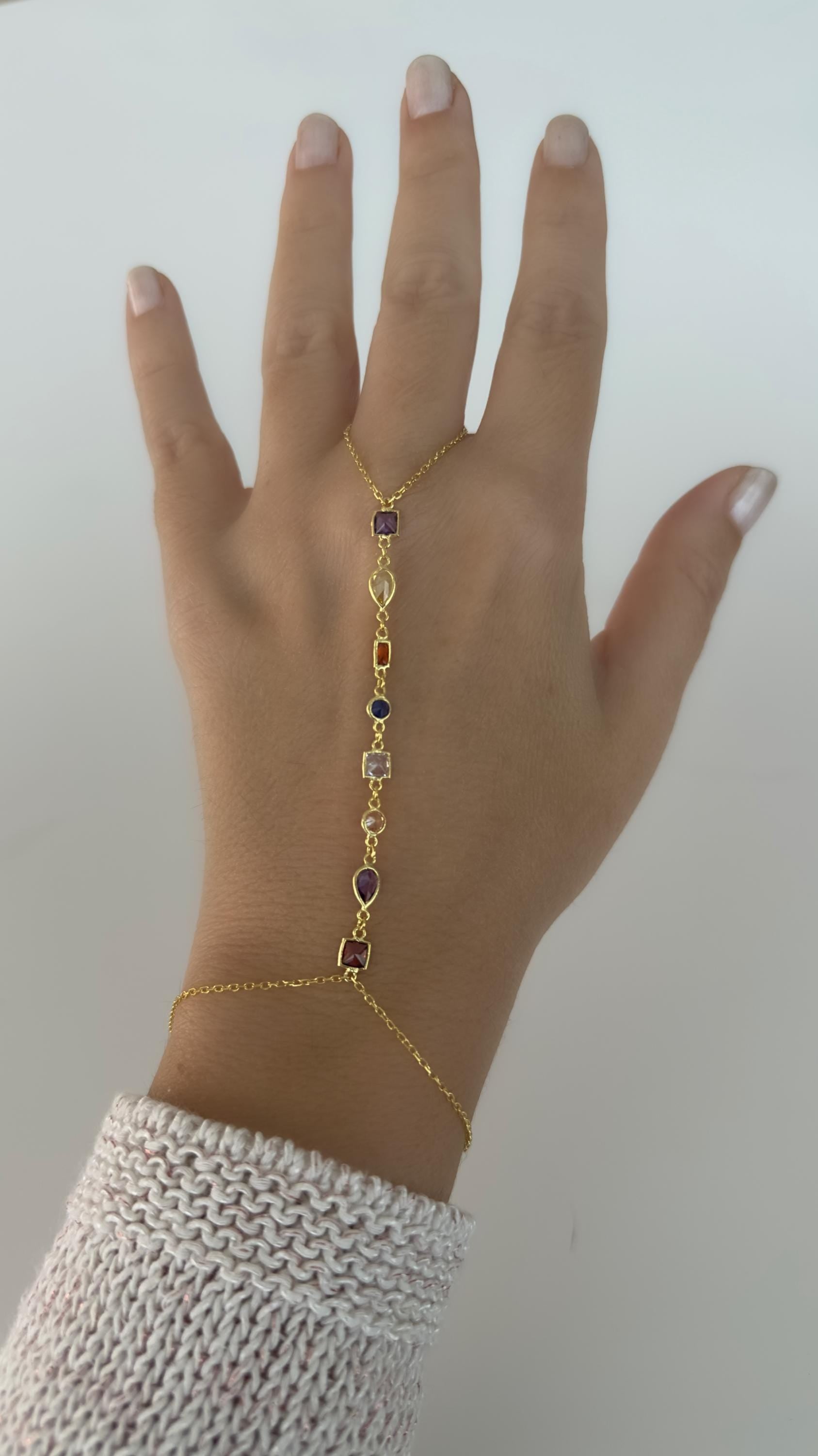 14k Gold Hand Chain Bracelet, Sterling Silver, Gemstone Finger Ring