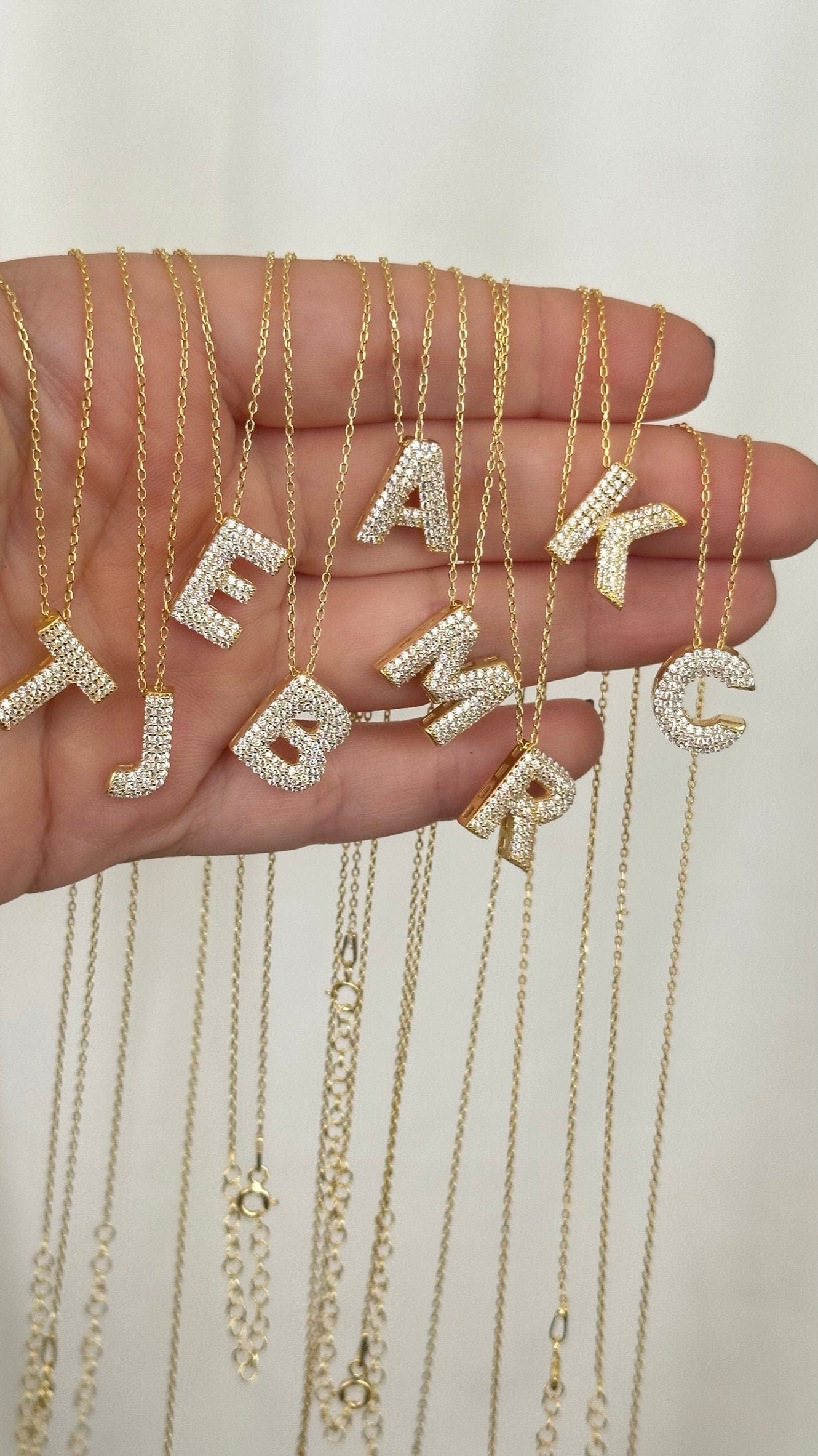 14k Gold Plated Sterling Silver Bubble Letter Necklace: Cubic Zirconia Initial Pendant