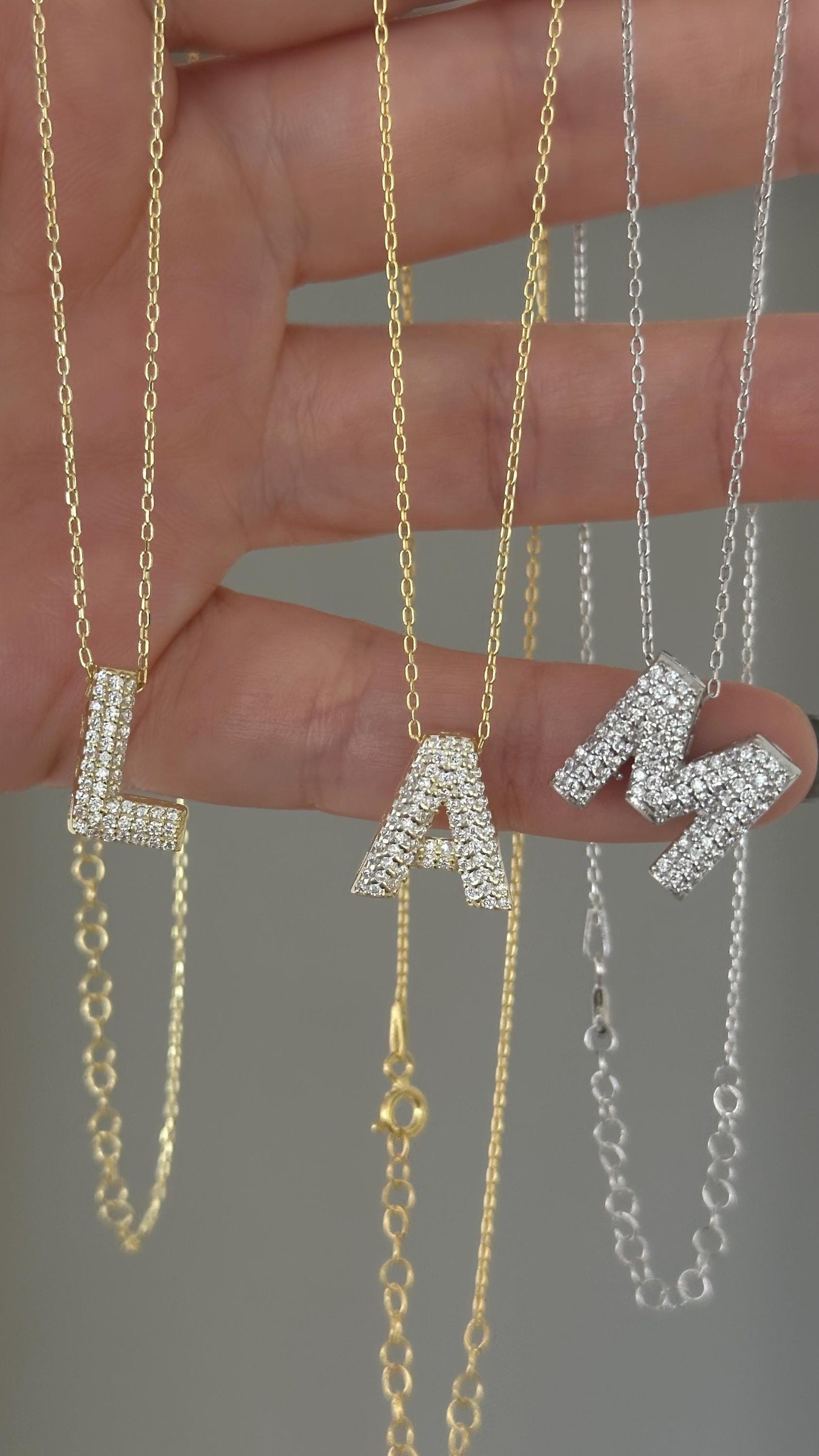 Trensy Bubble letter necklace, CZ Gemstone Sparkle initial pendant 925 sterling silver 14k gold plated, personalized jewelry for women