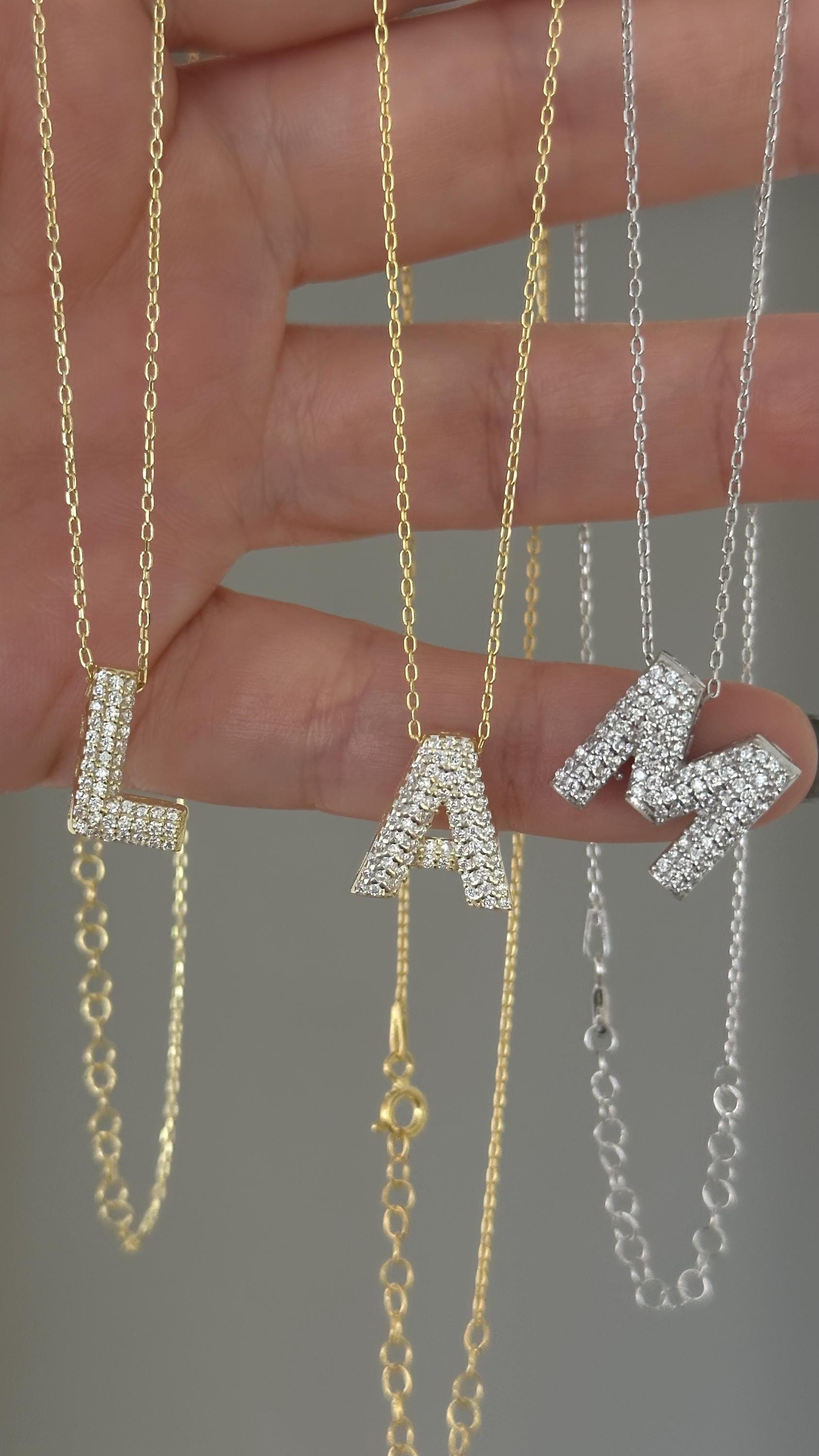 Trensy Bubble letter necklace, CZ Gemstone Sparkle initial pendant 925 sterling silver 14k gold plated, personalized jewelry for women