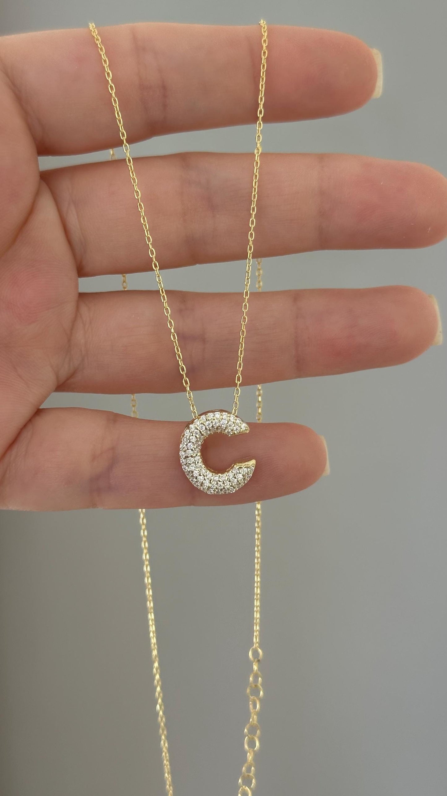 14k Gold Plated Sterling Silver Bubble Letter Necklace: Cubic Zirconia Initial Pendant