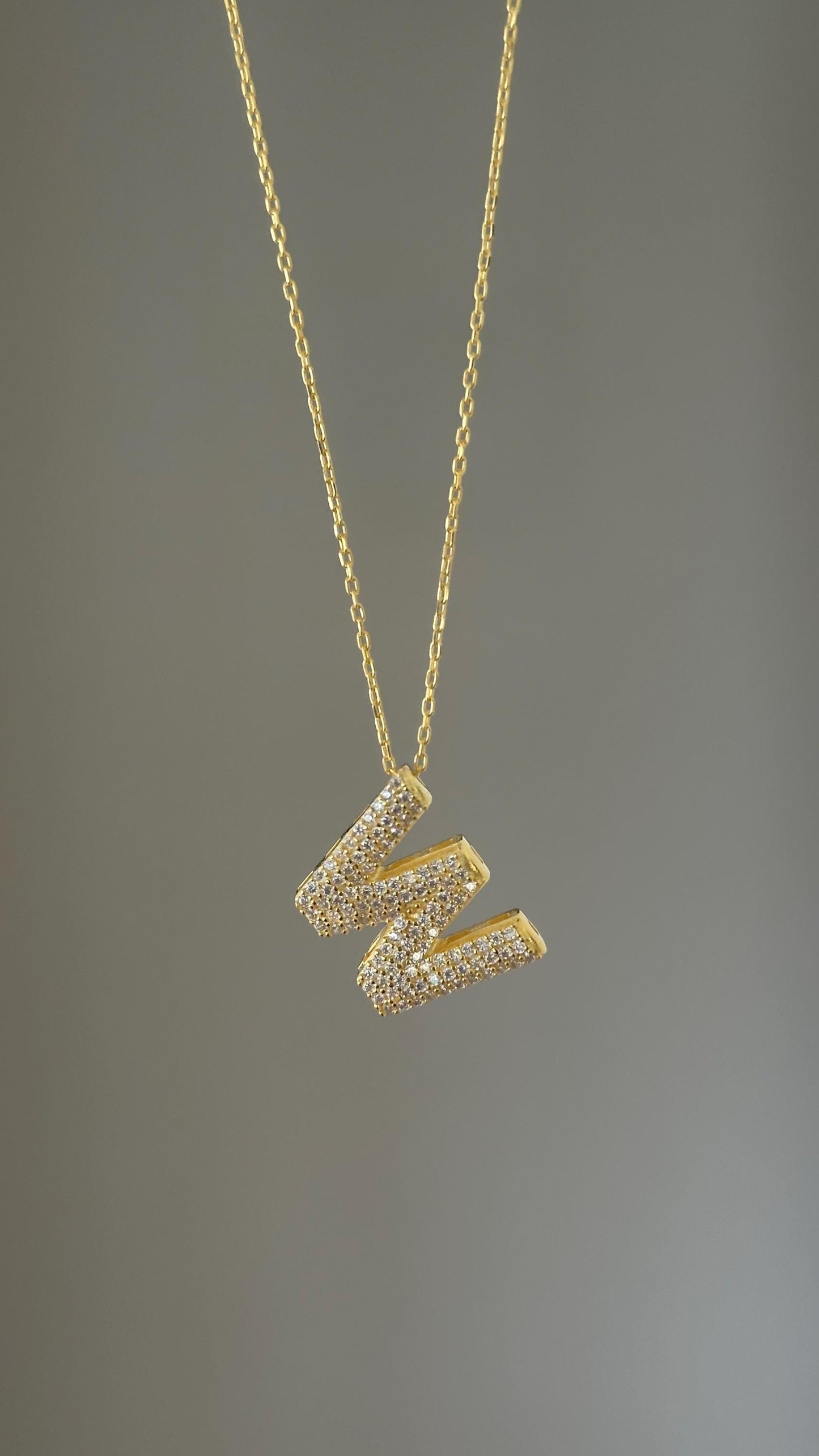 14k Gold Plated Sterling Silver Bubble Letter Necklace: Cubic Zirconia Initial Pendant