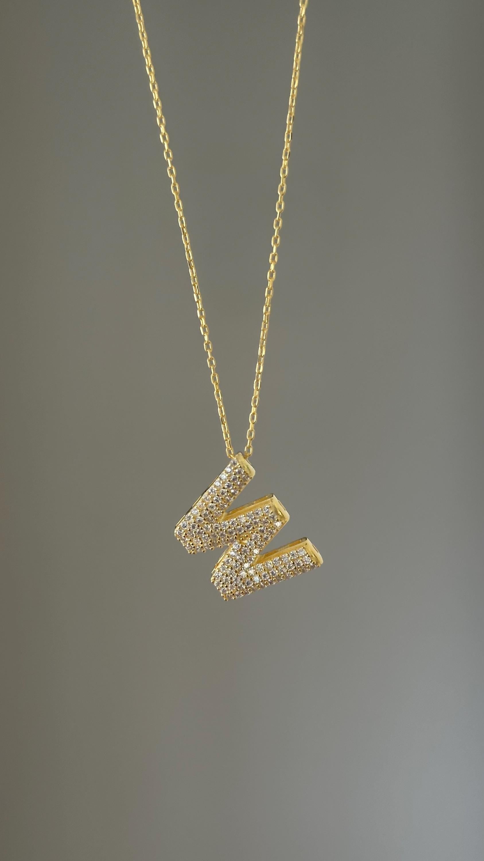 14k Gold Plated Sterling Silver Bubble Letter Necklace: Cubic Zirconia Initial Pendant