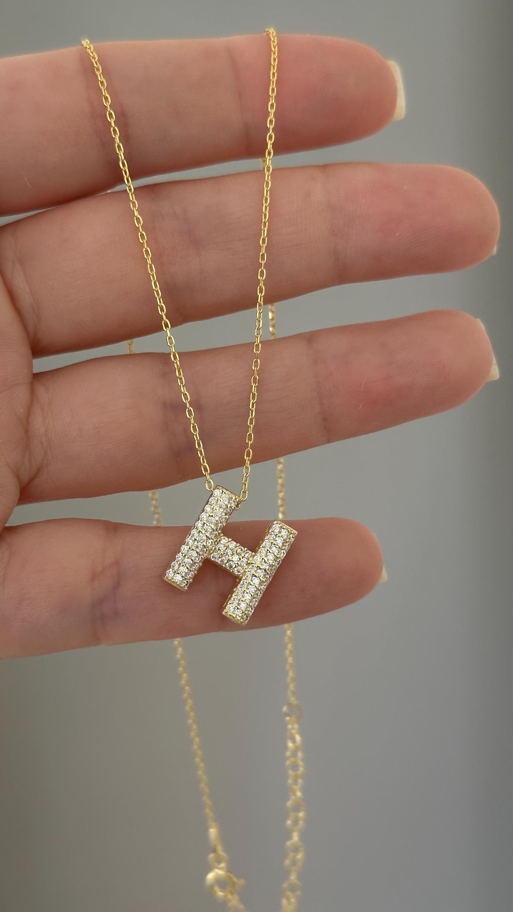 14k Gold Plated Sterling Silver Bubble Letter Necklace: Cubic Zirconia Initial Pendant