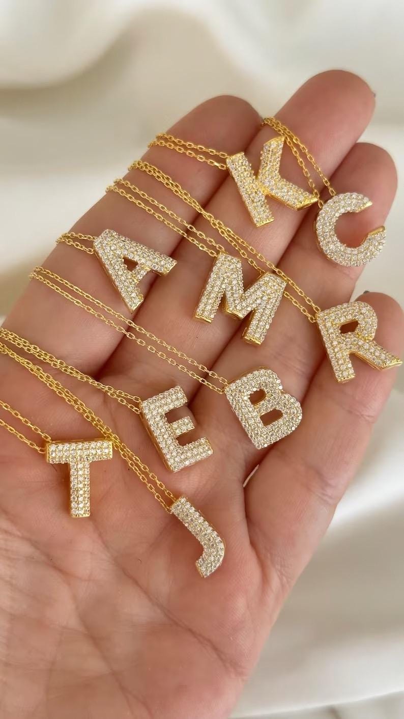 3D bubble letter initial pendant necklace in 14K gold plated 925 sterling silver, handmade Shineliz jewelry.