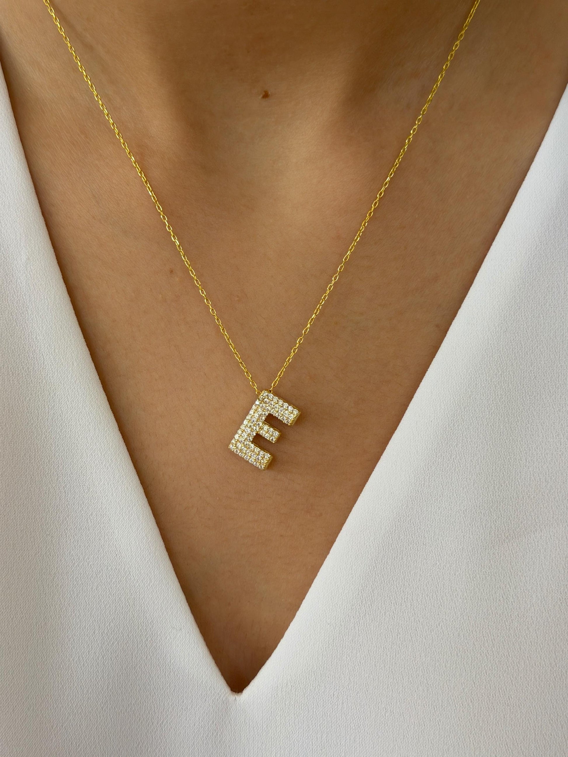 3D bubble letter initial pendant necklace, CZ diamond letter pendant in 14K gold-plated 925 sterling silver, handmade jewelry.