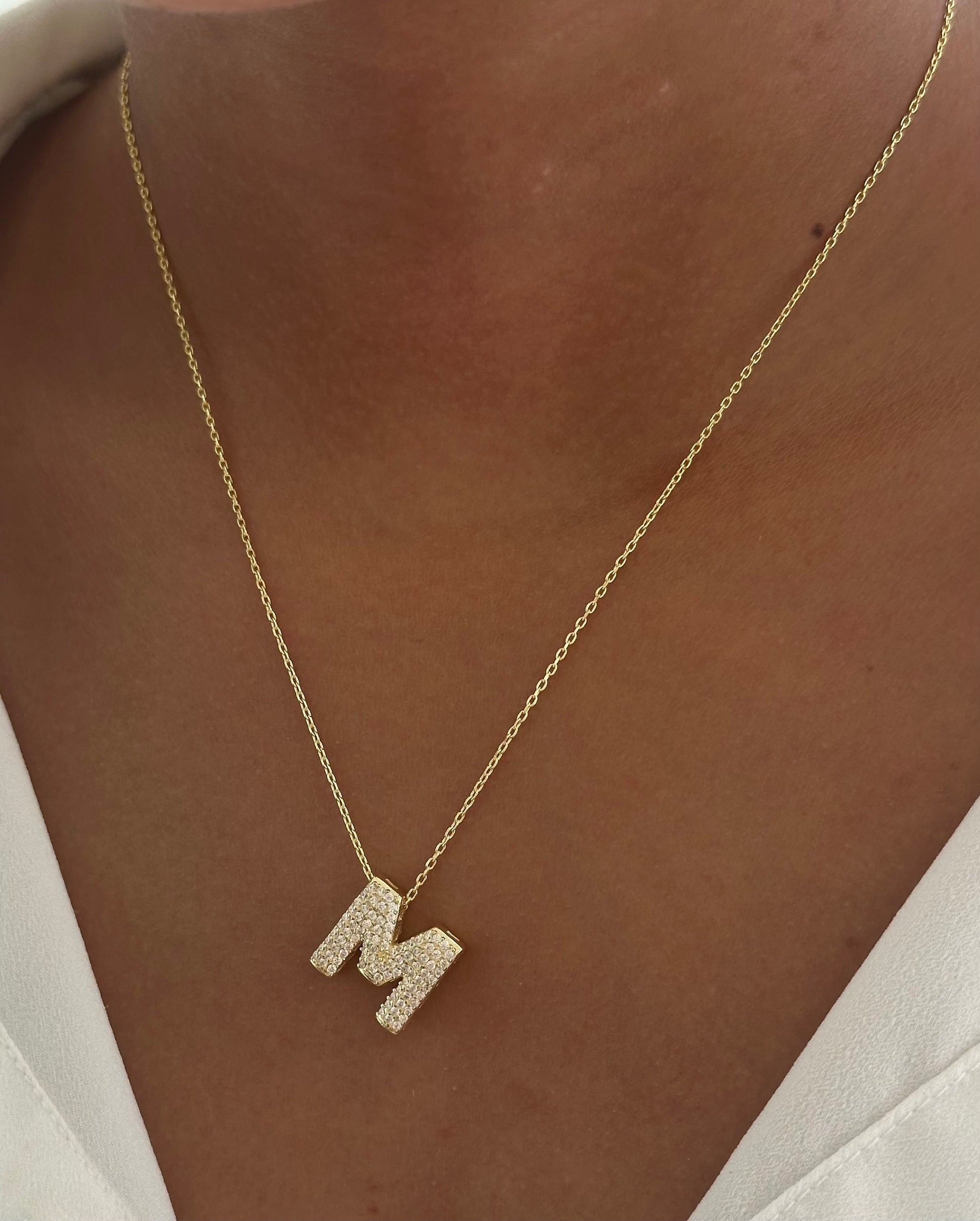 14k Gold Plated Sterling Silver Bubble Letter Necklace: Cubic Zirconia Initial Pendant