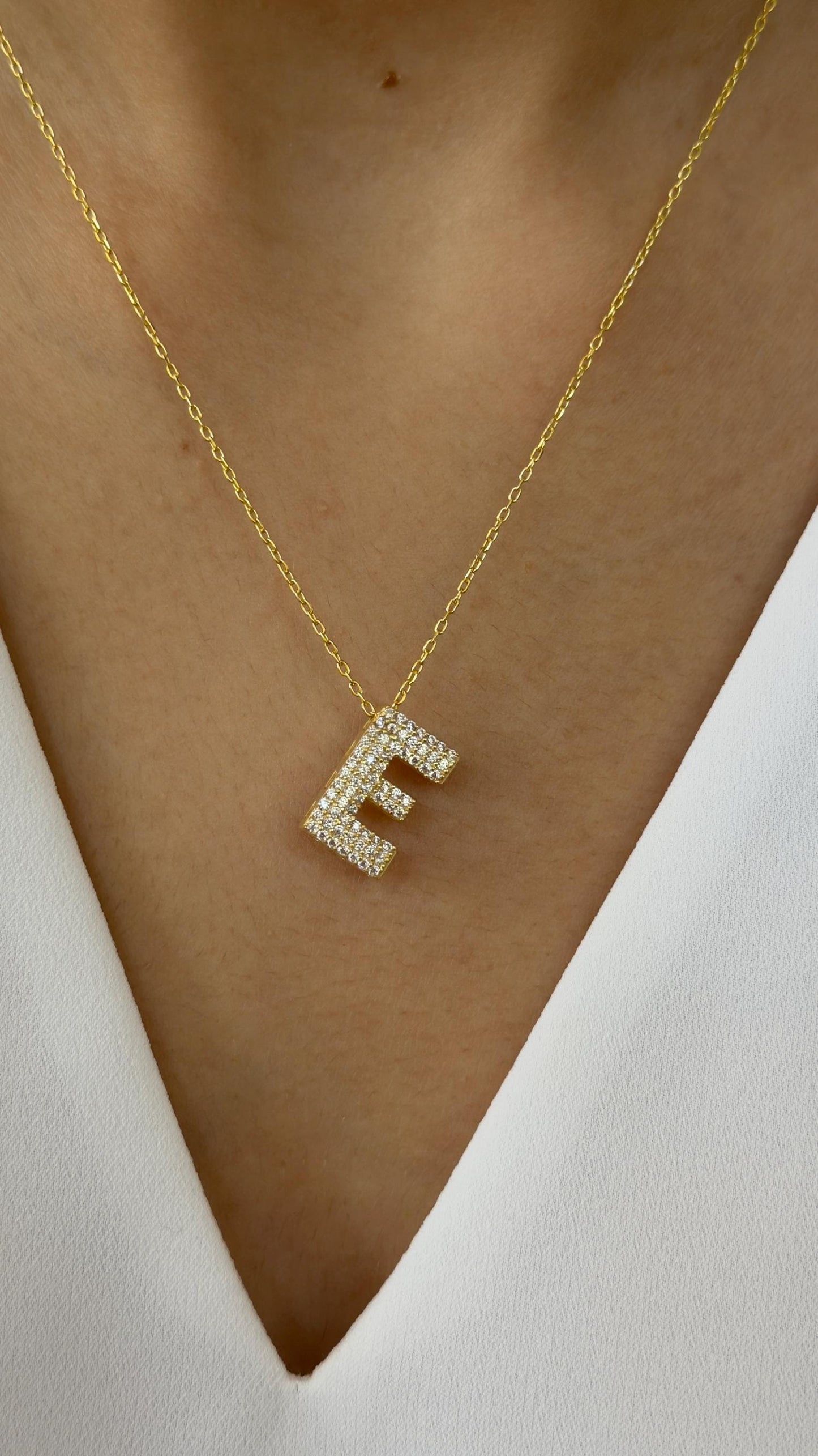 14k Gold Plated Sterling Silver Bubble Letter Necklace: Cubic Zirconia Initial Pendant
