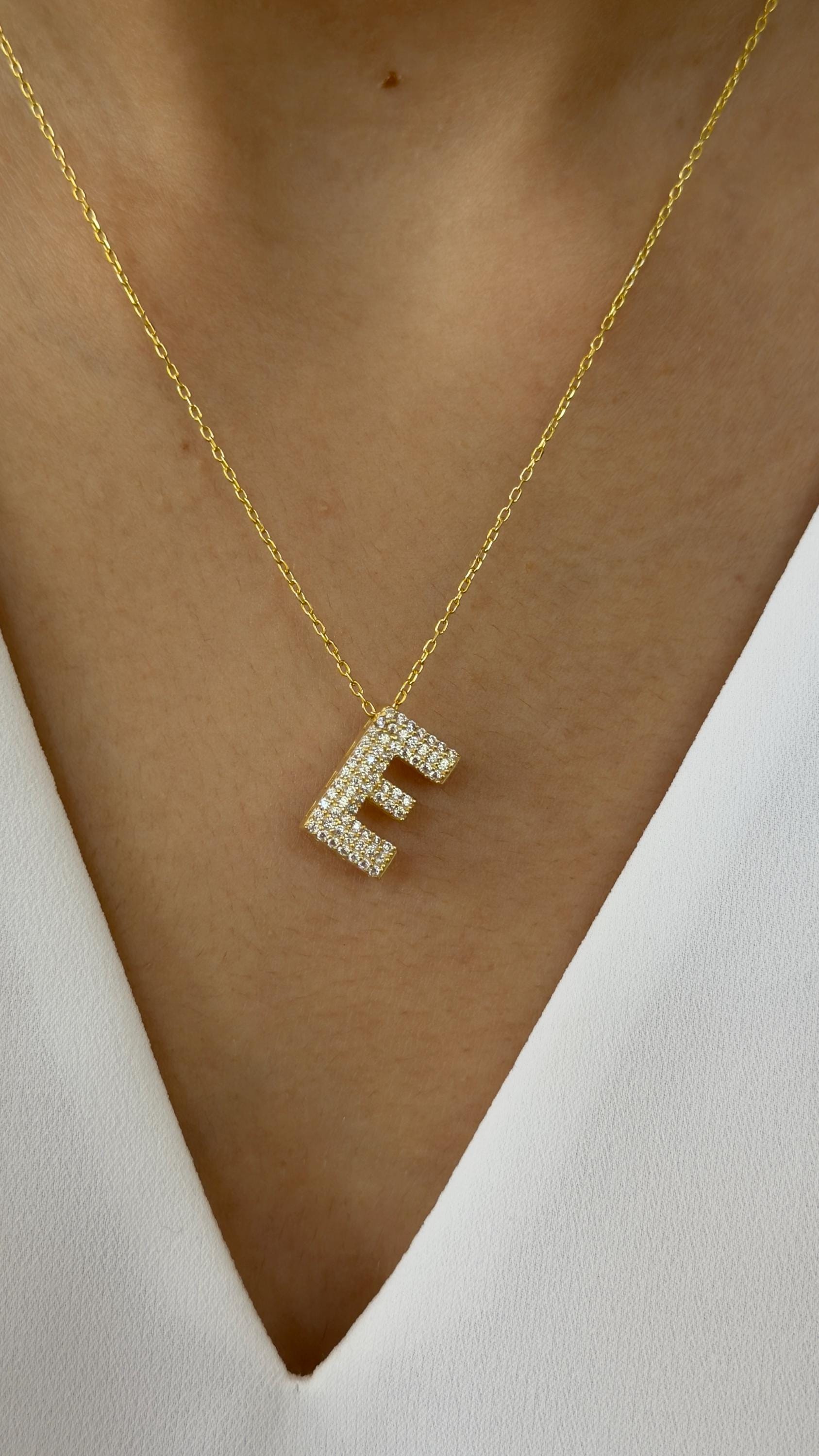 14k Gold Plated Sterling Silver Bubble Letter Necklace: Cubic Zirconia Initial Pendant