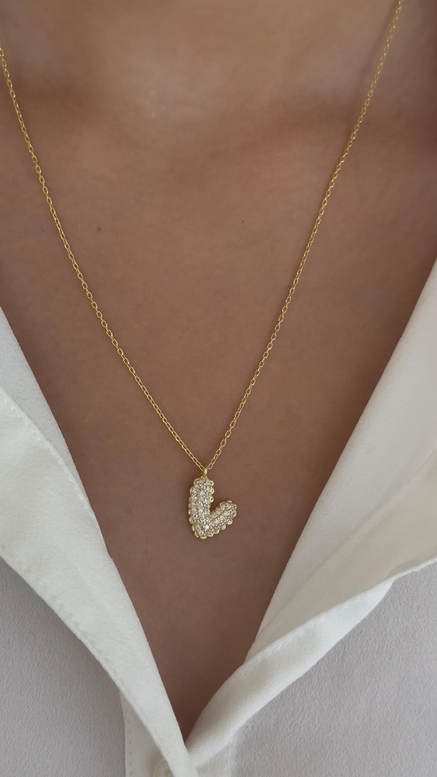 14k Gold Plated Sterling Silver 3d Heart Necklace: Cubic Zirconia Diamond Puff Pendant