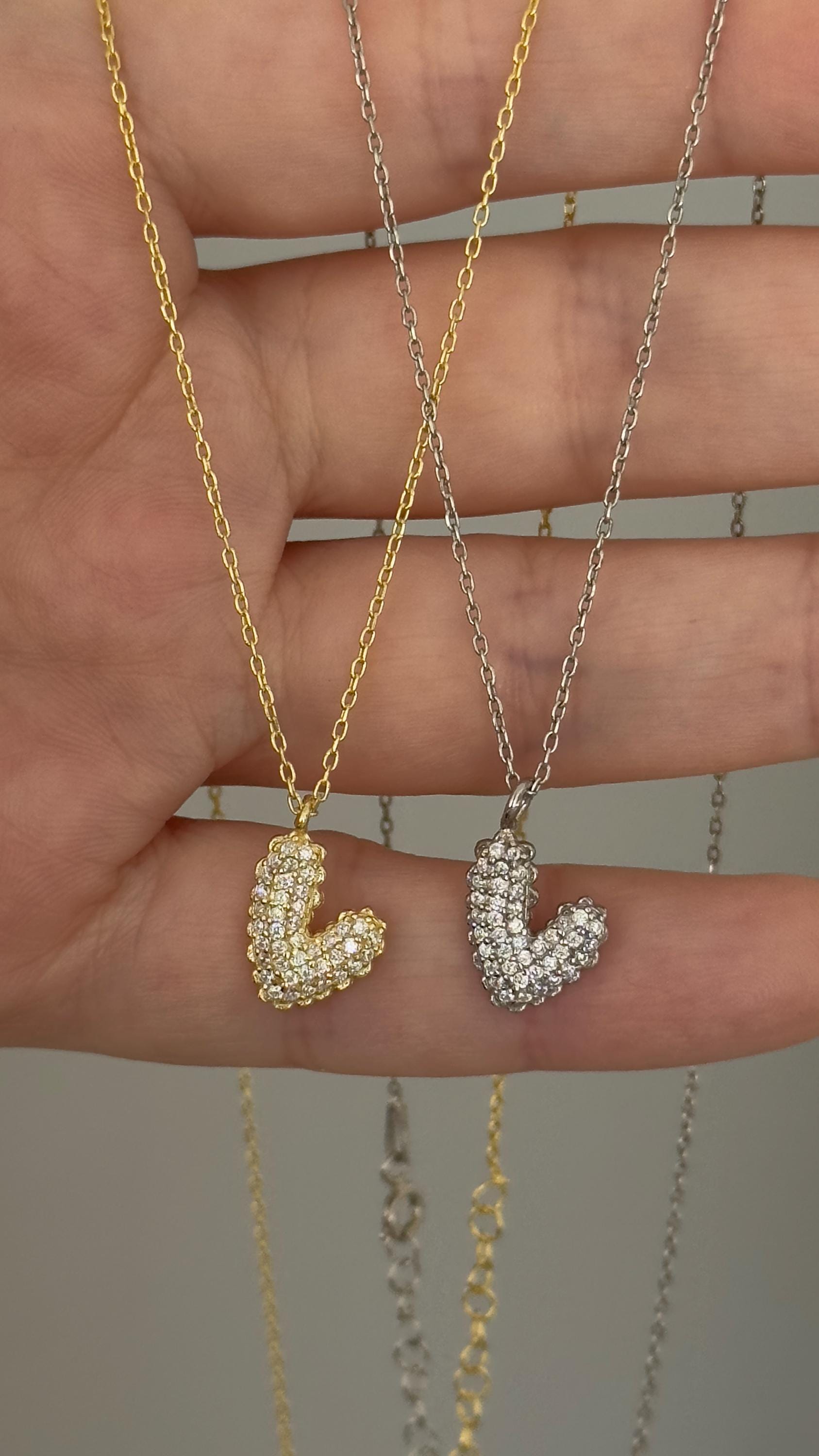 14k Gold Plated Sterling Silver 3d Heart Necklace: Cubic Zirconia Diamond Puff Pendant
