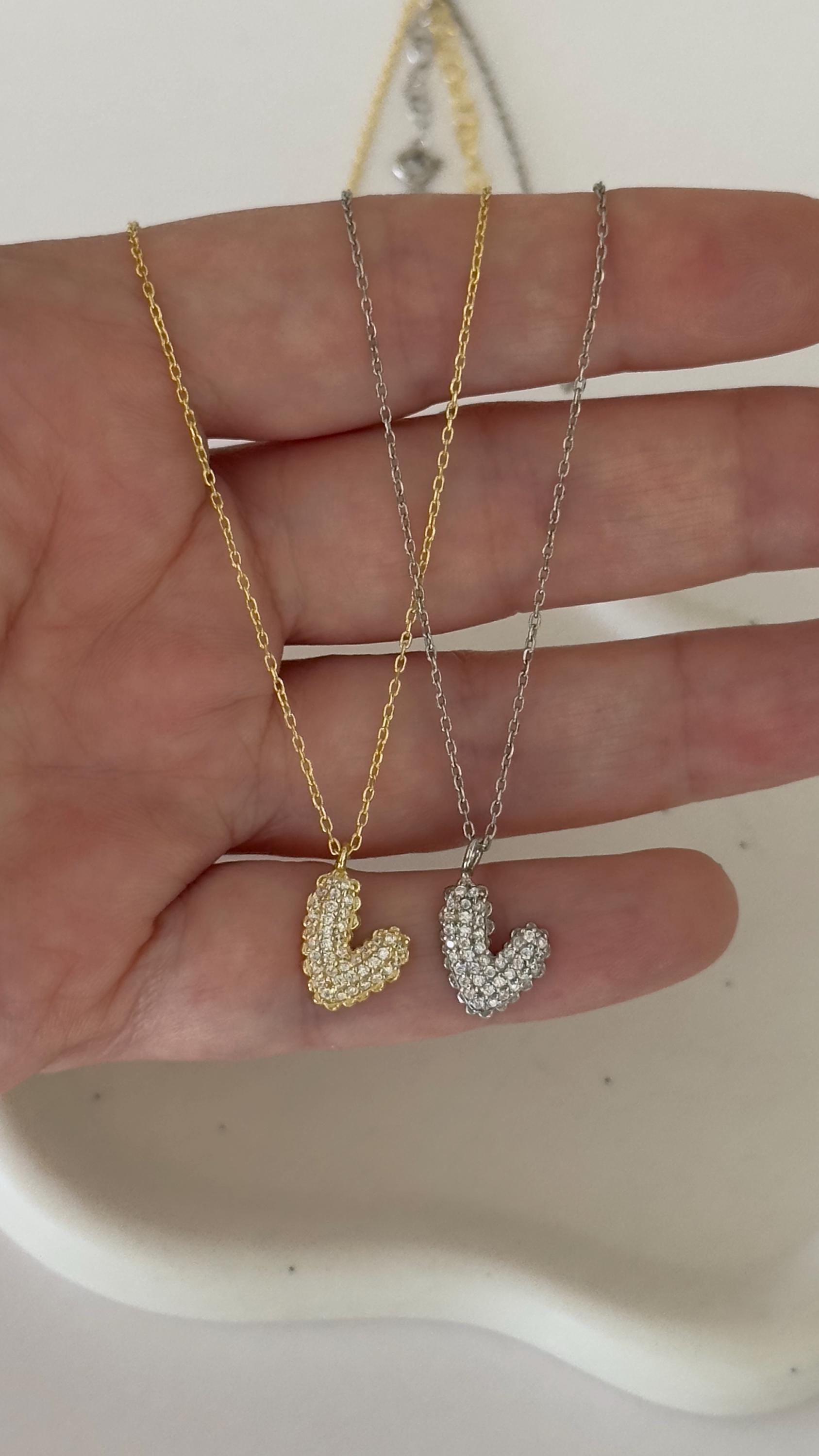 14k Gold Plated Sterling Silver 3d Heart Necklace: Cubic Zirconia Diamond Puff Pendant