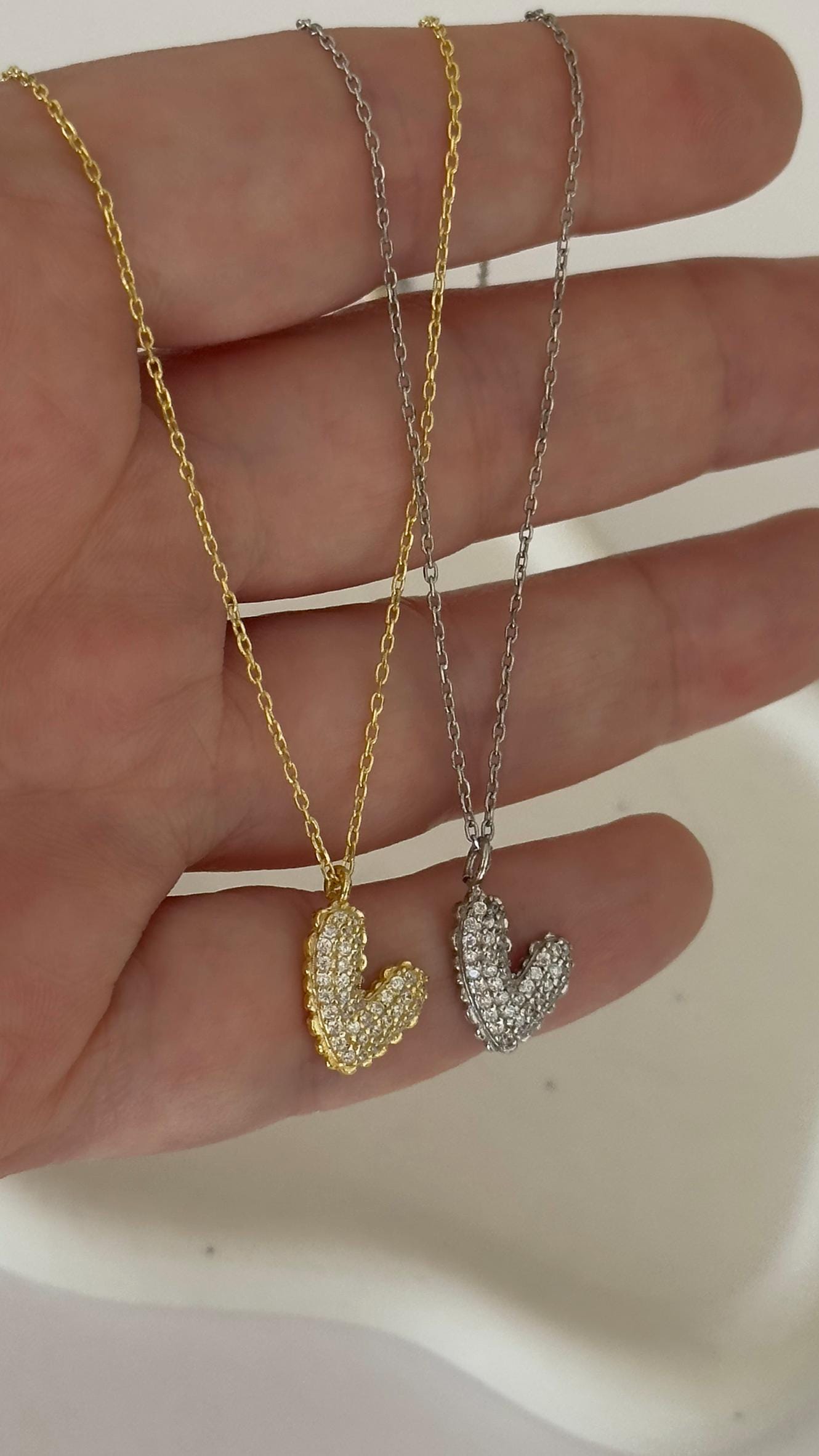 14k Gold Plated Sterling Silver 3d Heart Necklace: Cubic Zirconia Diamond Puff Pendant