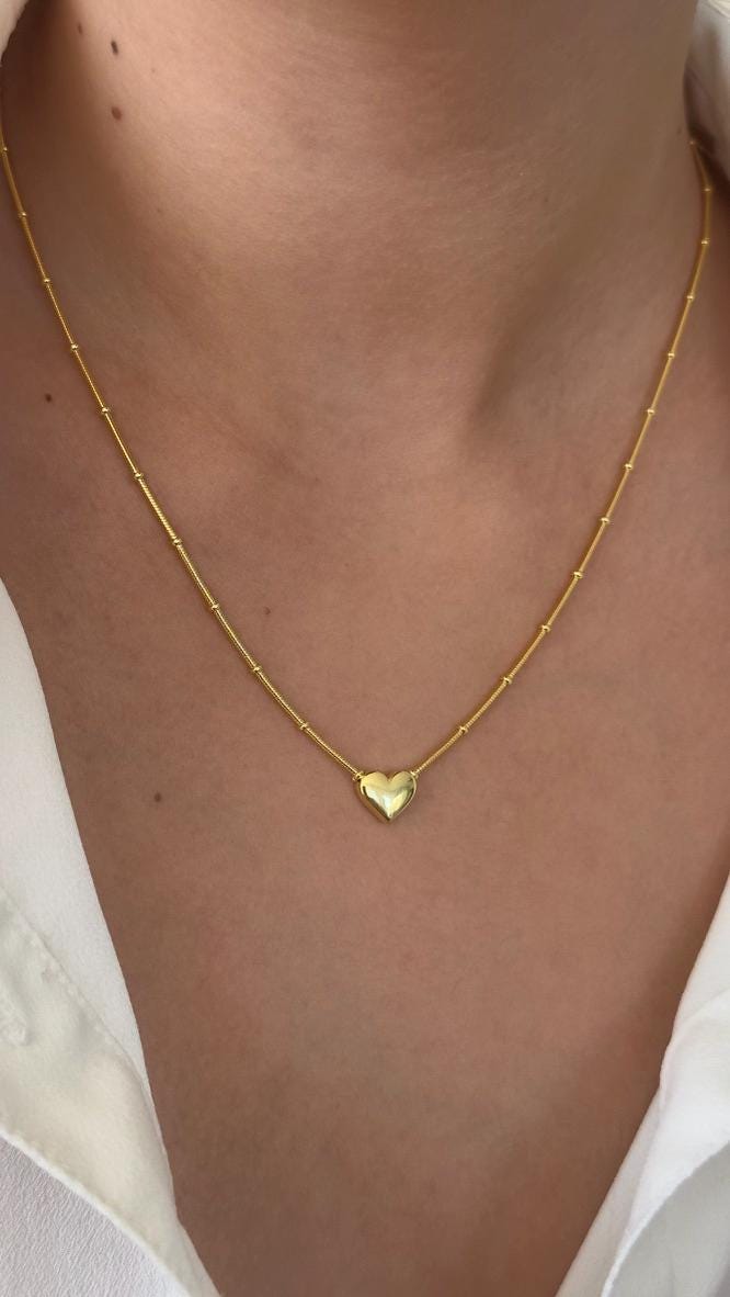14k Gold 3d Heart Pendant Necklace: Sterling Silver Ball Chain Love Jewelry Gift