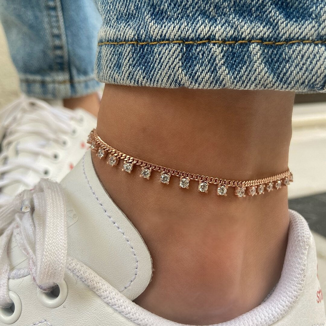 Anklet for Women, Rose Gold Ankle Bracelet, Clear Zirconia Dangle Anklet, Summer Anklet, Beach Jewelry, Silver Curb ChainAnklet, gift