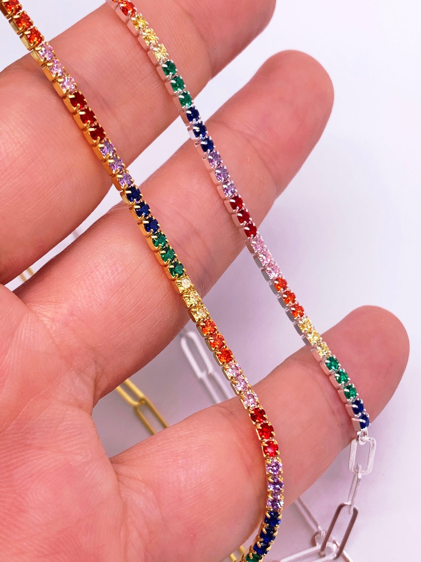 Half Tennis Half Link Chain Necklace, Rainbow Tennis Diamond Choker, Multicolor Tennis Necklace, Zirconia Gemstone, Gold Paper Link Chain