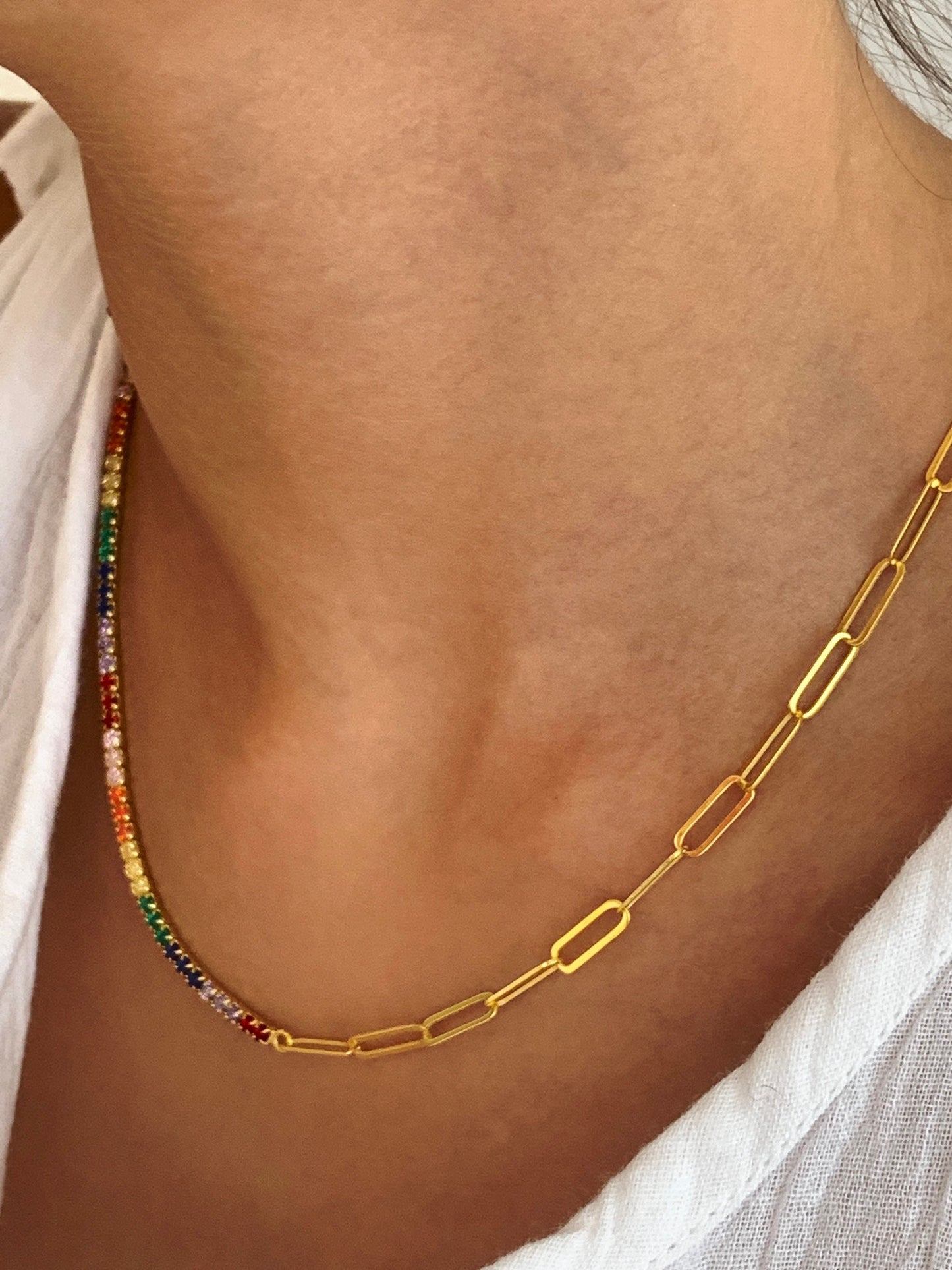 Half Tennis Half Link Chain Necklace, Rainbow Tennis Diamond Choker, Multicolor Tennis Necklace, Zirconia Gemstone, Gold Paper Link Chain
