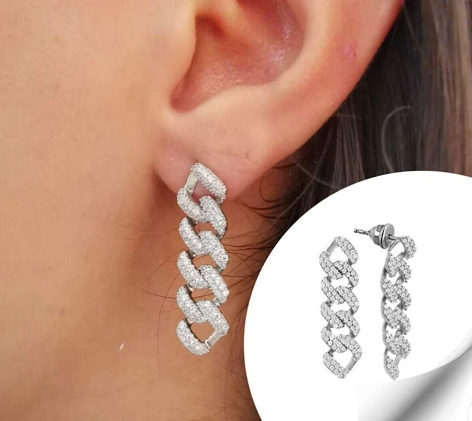 Thick Cuban Chain Earrings, Chunky Chain Earrings, Drop Studs, earrings dangle , Long Earring, CZ Earring, Gold Silver Rose gold Jewelry