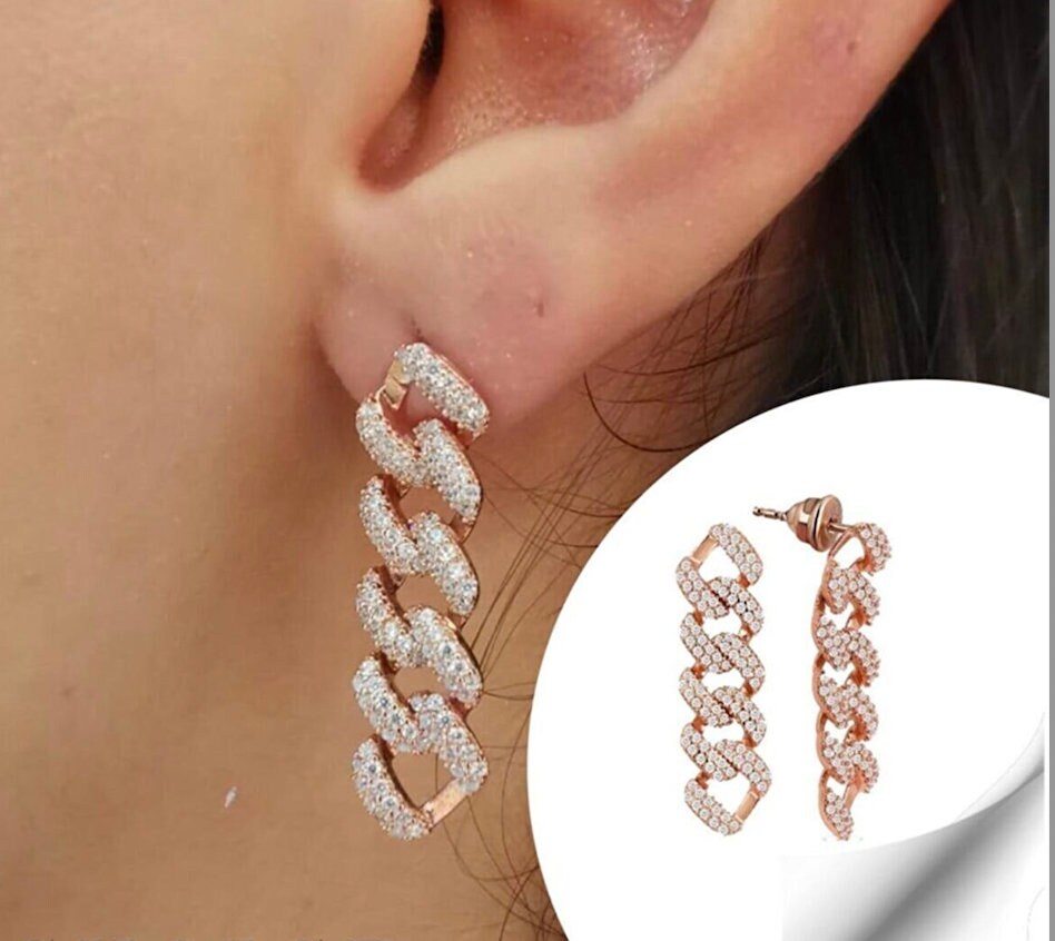 Thick Cuban Chain Earrings, Chunky Chain Earrings, Drop Studs, earrings dangle , Long Earring, CZ Earring, Gold Silver Rose gold Jewelry