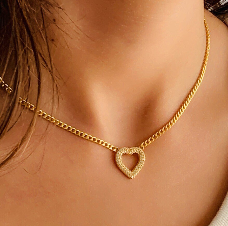 CZ Stone Necklace, Gemstone Choker, Pav Heart Charm, Star Pendant, Minimalist Layering Necklace, Birthday Gift for her, 925 Sterling Silver