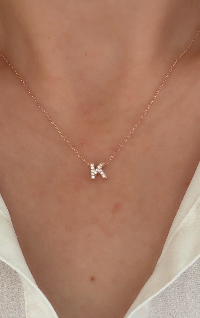 Pave Letter Necklace with CZ Diamonds, Cute Initial Necklace, Personalized Gifts, Statement Necklace, Minimal Jewelry, 925 Sterling Silver