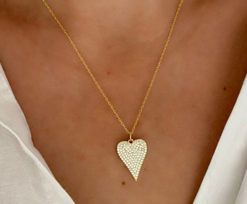 Pave Diamond Heart Necklace, Elongated Pendant Necklace, Love Necklace, Big Heart Necklace, CZ Necklace, Gemstone Necklace, Gift for Mom