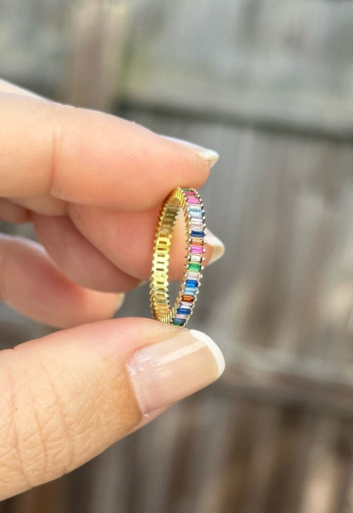 Baguette Ring, CZ Ring, Multi-color Stone Ring, Cubic Zirconia Baguette Ring, Diamond Ring, Crystal Ring, Silver Minimalist Ring, 925 Silver