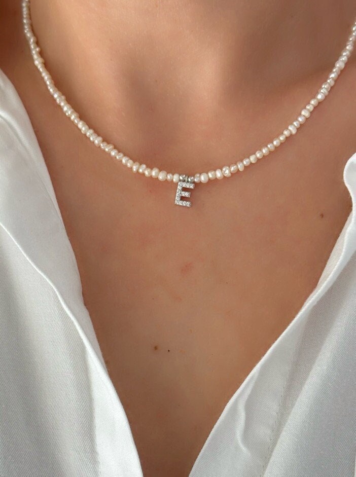 Pearl Initial Letter Necklace Personalized Baby Baroque Pearl Small Pearl Letter Charm Necklace Choker CZ Initials Custom Name Necklace