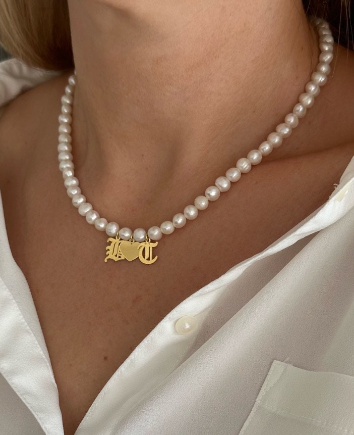 Pearl Necklace, Initial Pearl Necklace, Letter Necklace, Pearl Heart Necklace, Pearl Choker, Personalized Christmas Gifts, 925  Silver