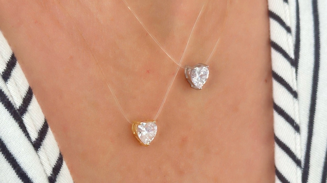 Princess Diamond Necklace, Invisible Necklace with Crystal Heart, Illusion Necklace, Floating Heart Necklace, CZ Necklace, Minimalist