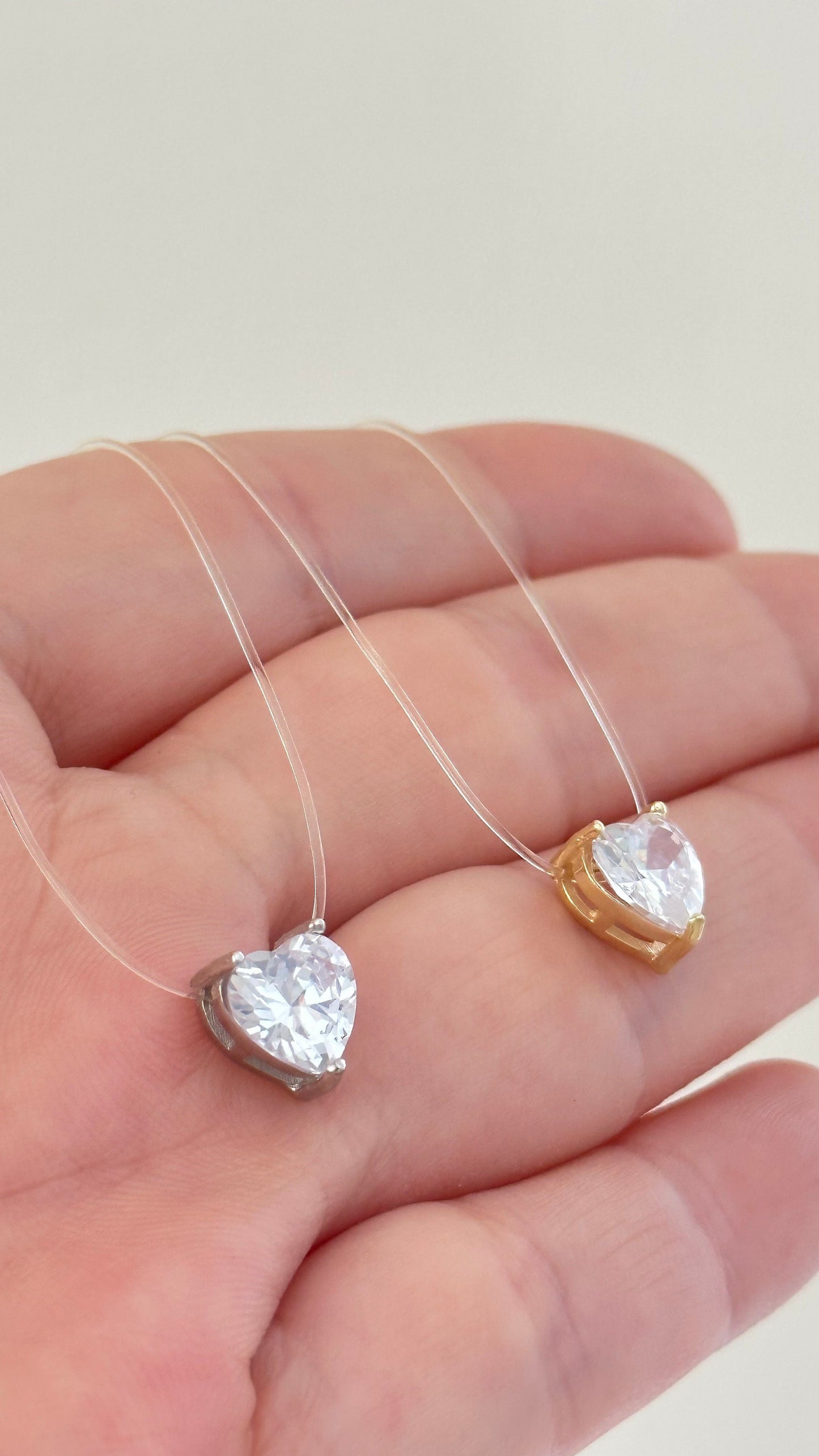 Princess Diamond Necklace, Invisible Necklace with Crystal Heart, Illusion Necklace, Floating Heart Necklace, CZ Necklace, Minimalist