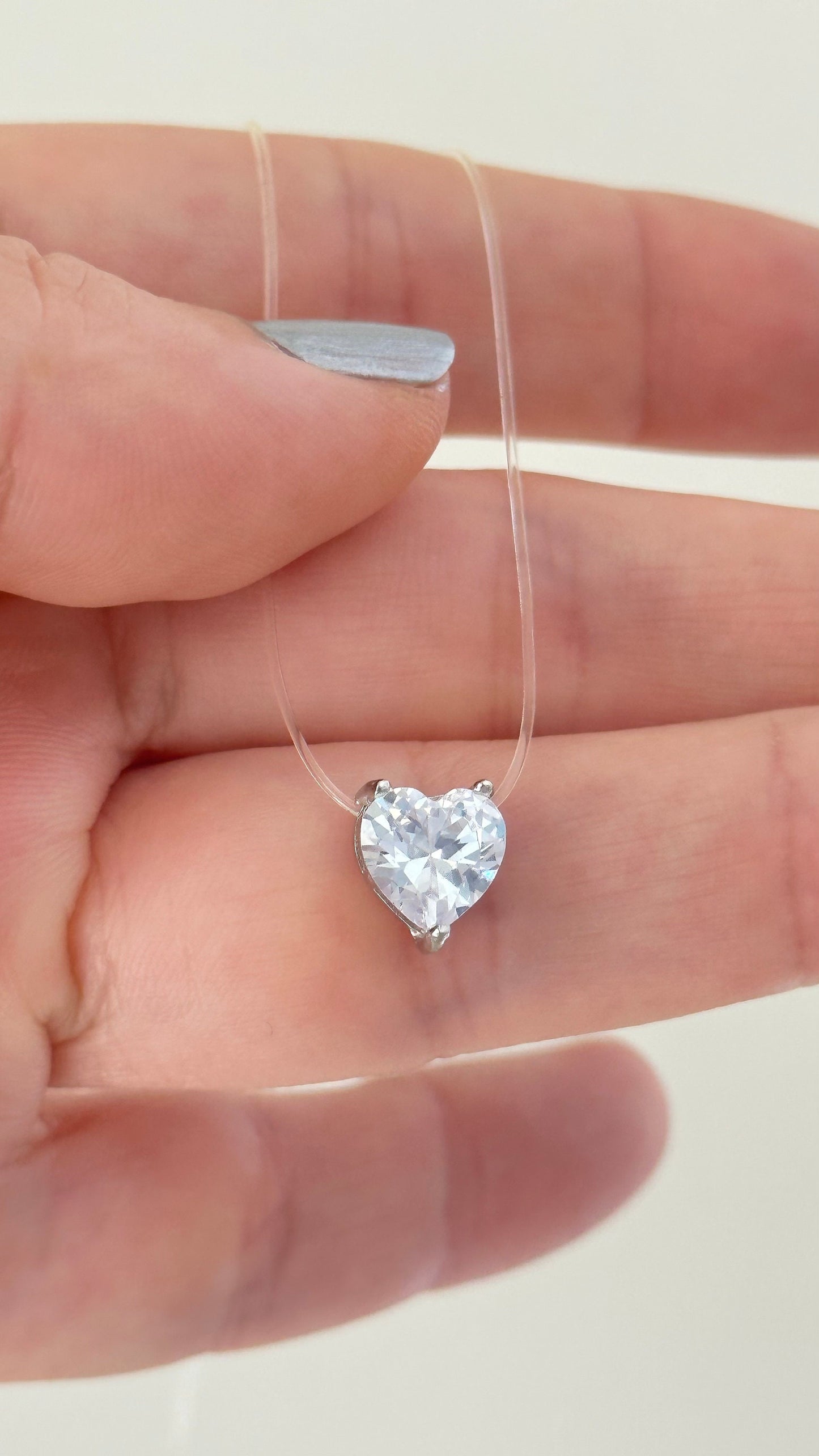 Princess Diamond Necklace, Invisible Necklace with Crystal Heart, Illusion Necklace, Floating Heart Necklace, CZ Necklace, Minimalist