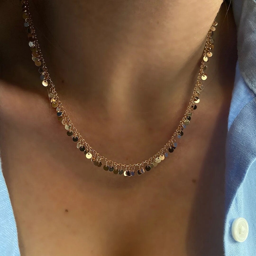 Dangle Disc Necklace, Tiny Discs Chain Necklace, Layering Chain Necklace, Dainty Gold Necklace, Circle Necklace, Gift for Her , 925 Silver