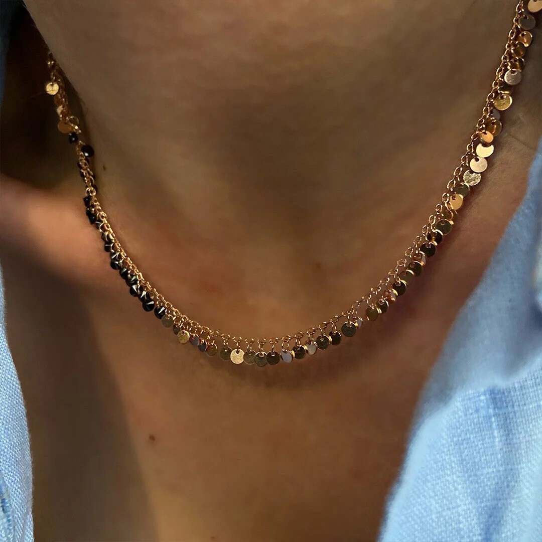 Dangle Disc Necklace, Tiny Discs Chain Necklace, Layering Chain Necklace, Dainty Gold Necklace, Circle Necklace, Gift for Her , 925 Silver