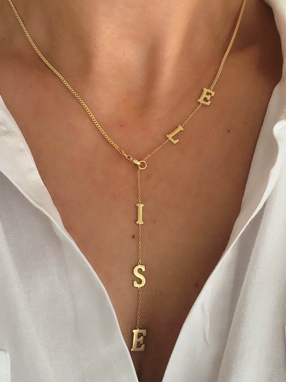 Lariat Necklace Silver, Name Necklace Personalized, Drop Initial Necklace, Long Y Necklace, Custom Necklace for Women, Custom Gift